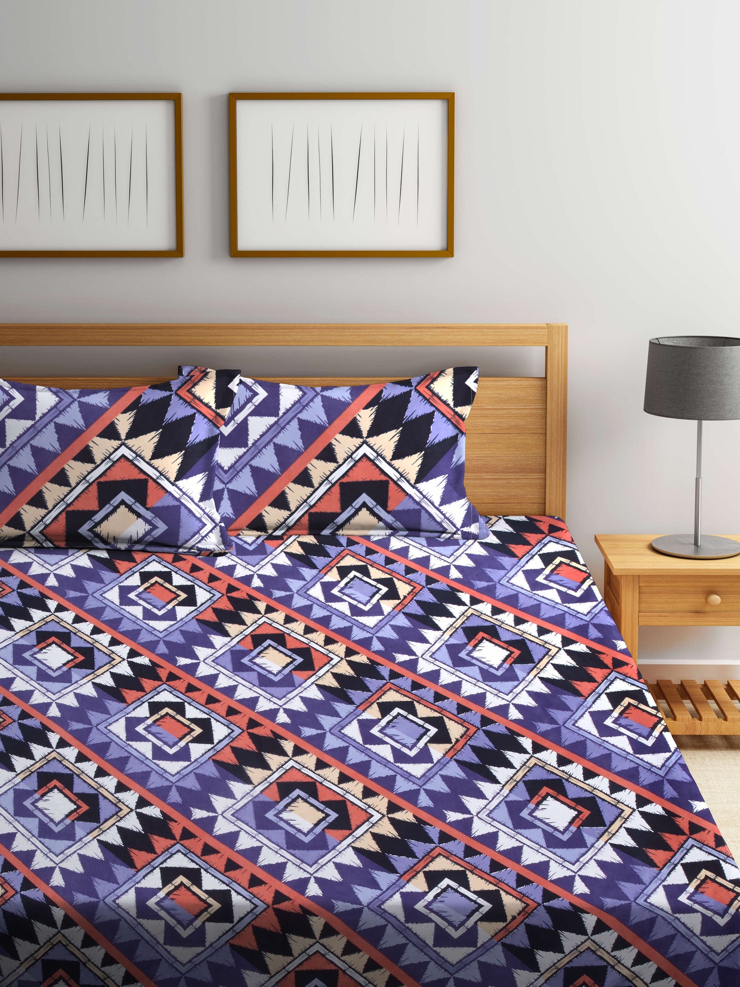 Arrabi Multi Geometric TC Cotton Blend King Size Bookfold Bedsheet with 2 Pillow Covers (250 X 220 cm)
