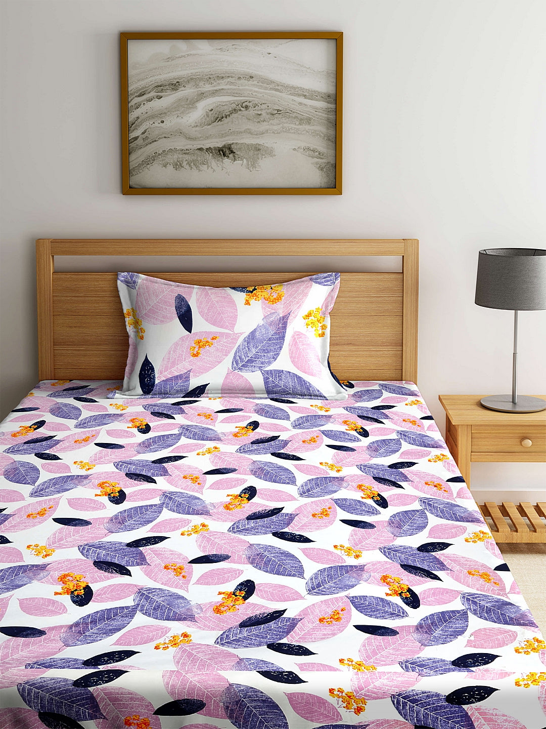 Arrabi Multi Leaf TC Cotton Blend Single Size Fitted Bedsheet with 1 Pillow Cover (220 X 150 cm)