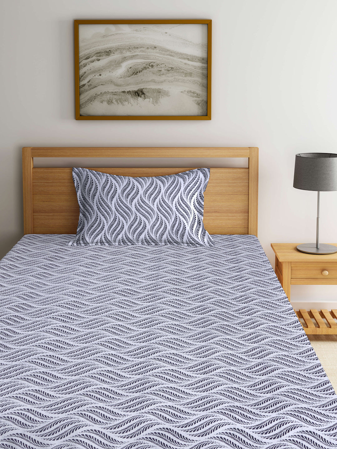 Arrabi Grey Geometric TC Cotton Blend Single Size Fitted Bedsheet with 1 Pillow Cover (215 X 150 cm)