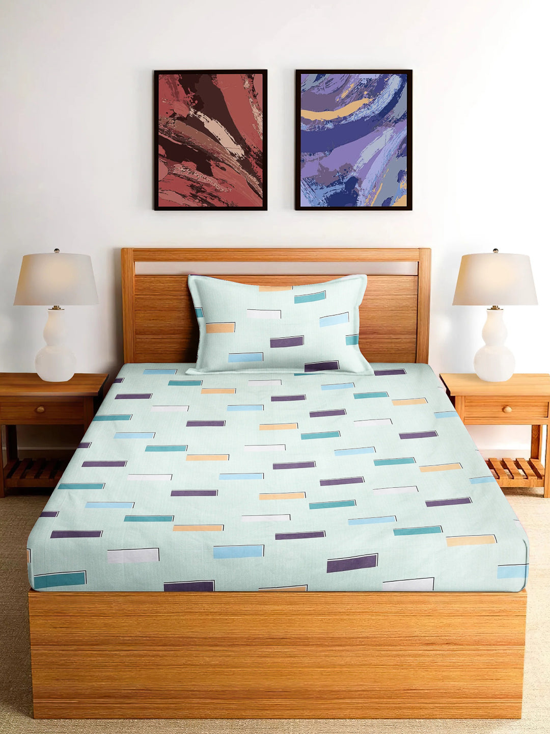 Arrabi Green Geometric TC Cotton Blend Single Size Fitted Bedsheet with 1 Pillow Cover (215 x 150 cm)