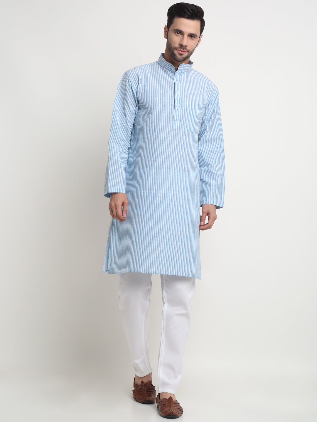 Arrabi Men Indian Fashion Blue Pure Cotton Stripped Straight Kurta