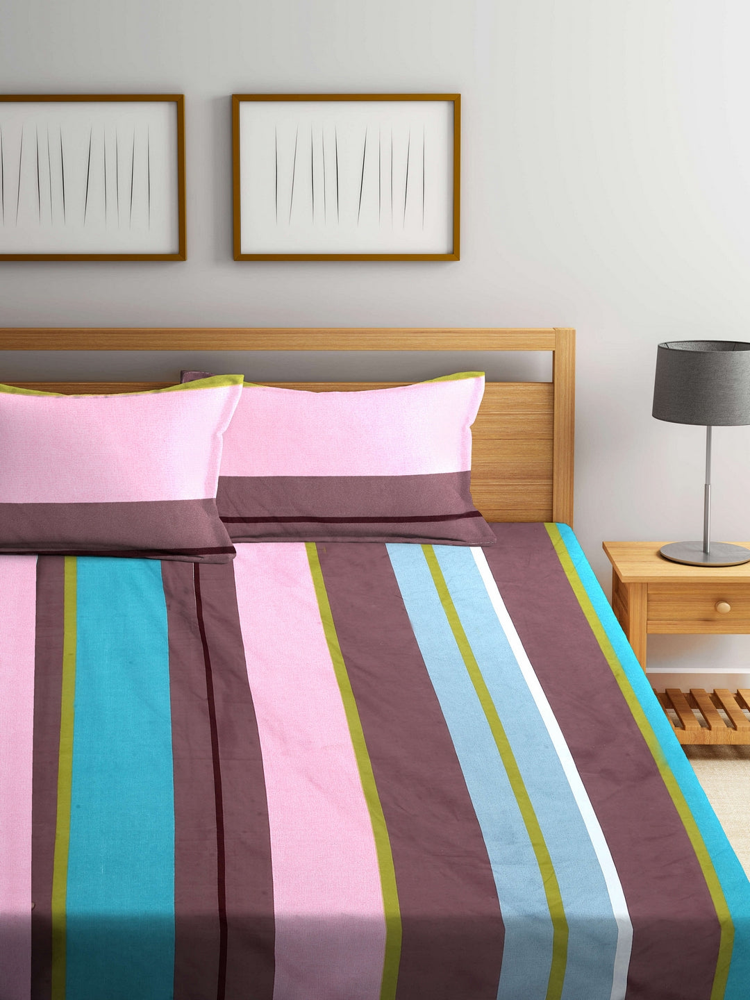 Arrabi Multi Stripes TC Cotton Blend King Size Bookfold Bedsheet with 2 Pillow Covers (250 X 215 cm)
