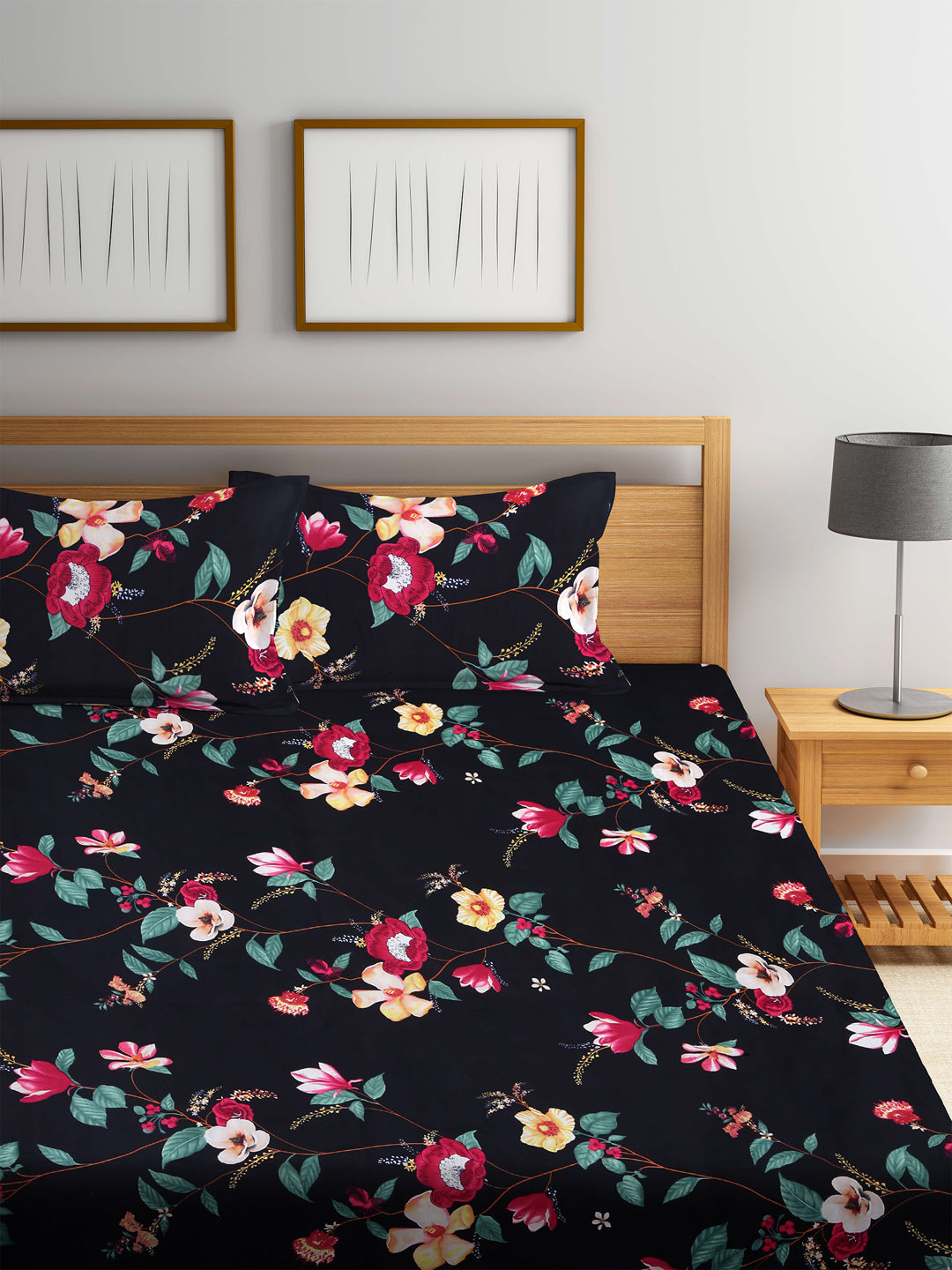 Arrabi Black Floral TC Cotton Blend King Size Bookfold Bedsheet with 2 Pillow Covers (250 X 220 cm)