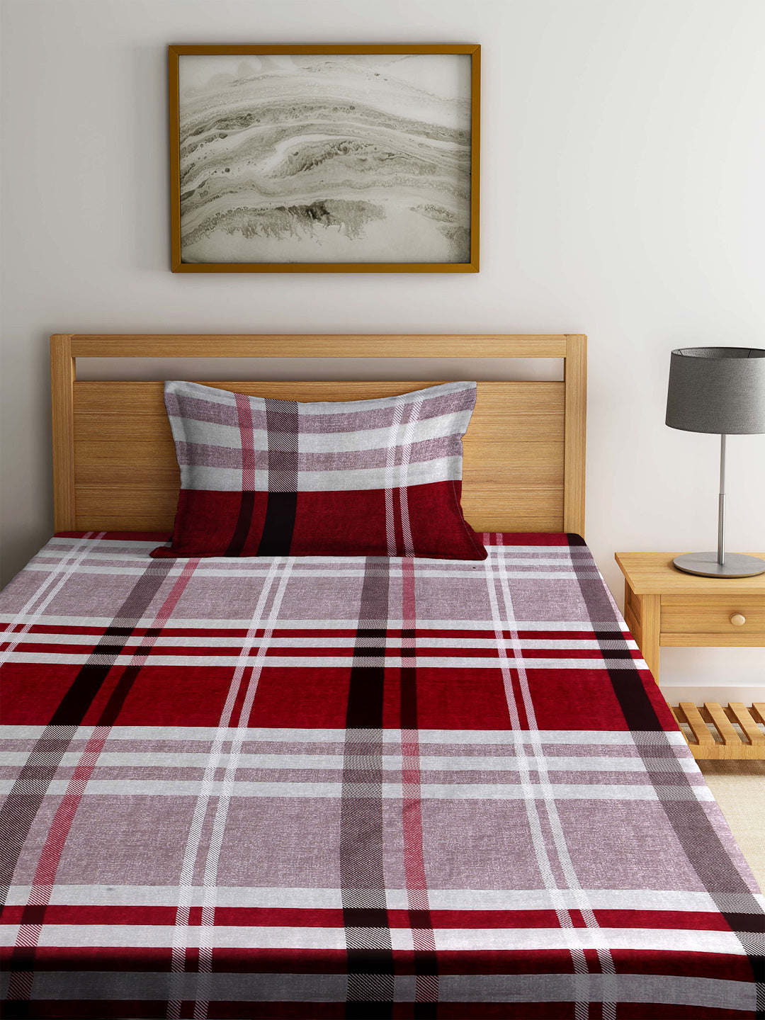 Arrabi Multi Checks TC Cotton Blend Single Size Fitted Bedsheet with 1 Pillow Cover (220 X 150 cm)