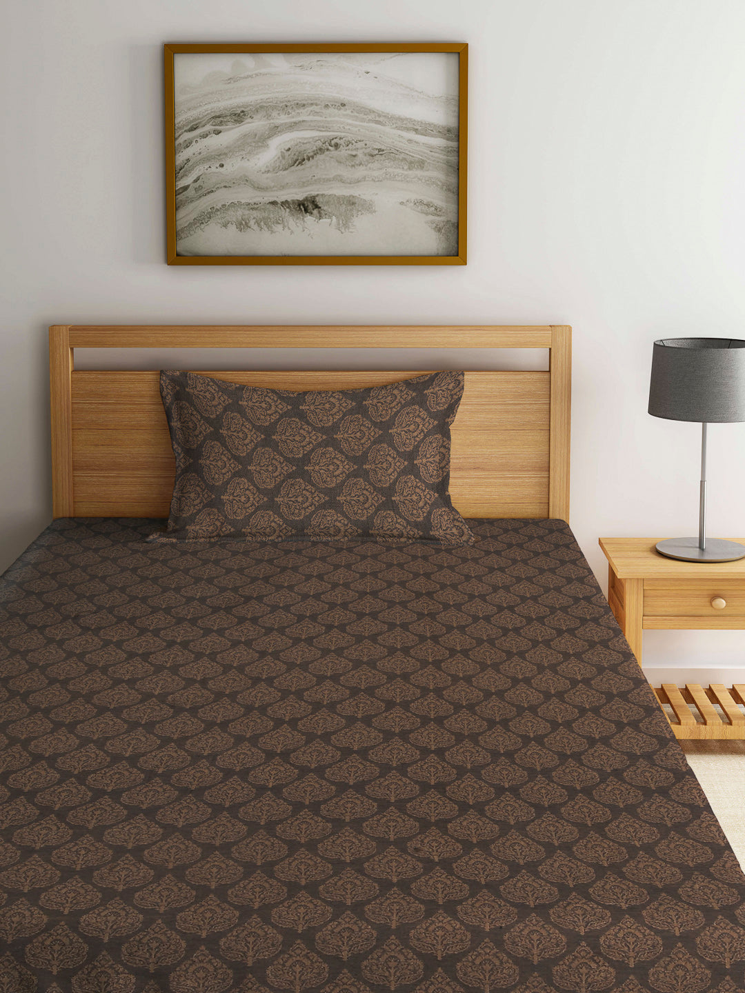 Arrabi Brown Indian Handwoven Cotton Single Size Bedsheet with 1 Pillow Cover (230 x 150 cm)