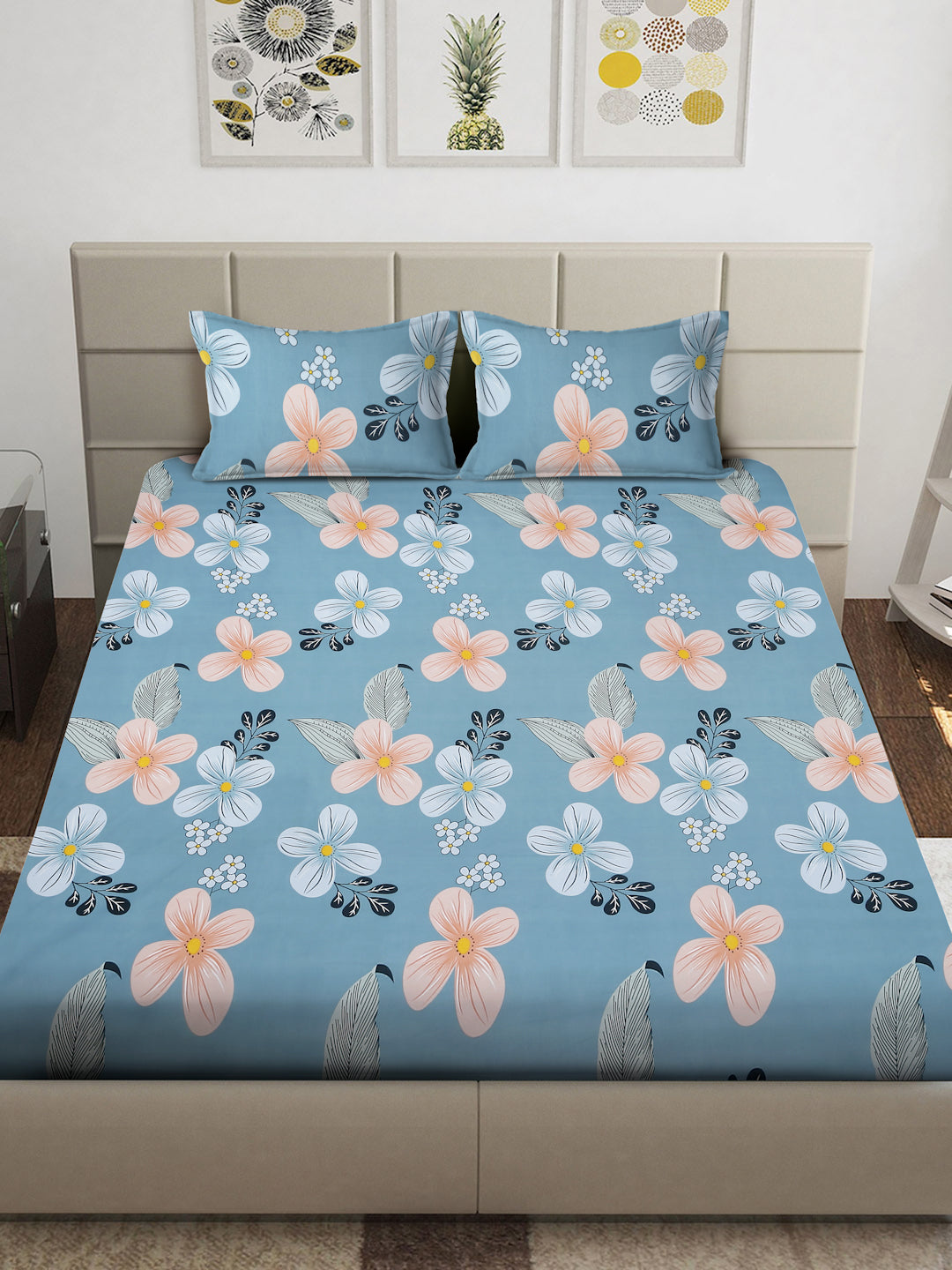 Arrabi Blue Floral TC Cotton Blend King Size Bedsheet with 2 Pillow Covers (250 x 215 cm)