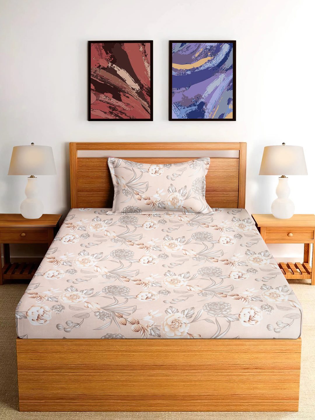 Arrabi Beige Floral TC Cotton Blend Single Size Bedsheet with 1 Pillow Cover (215 x 150 cm)