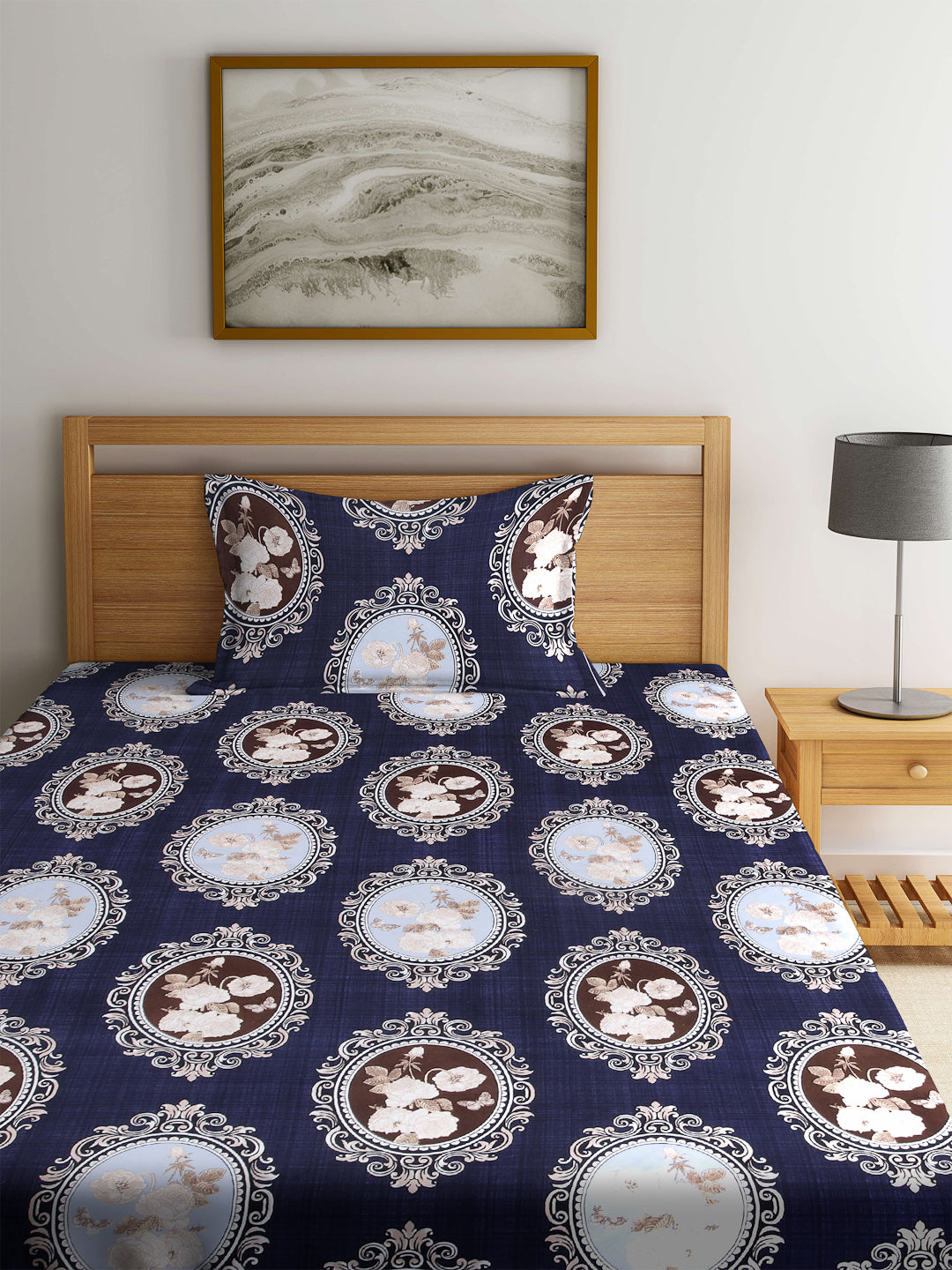 Arrabi Blue Indian TC Cotton Blend Single Size Fitted Bedsheet with 1 Pillow Cover (220 X 150 cm)