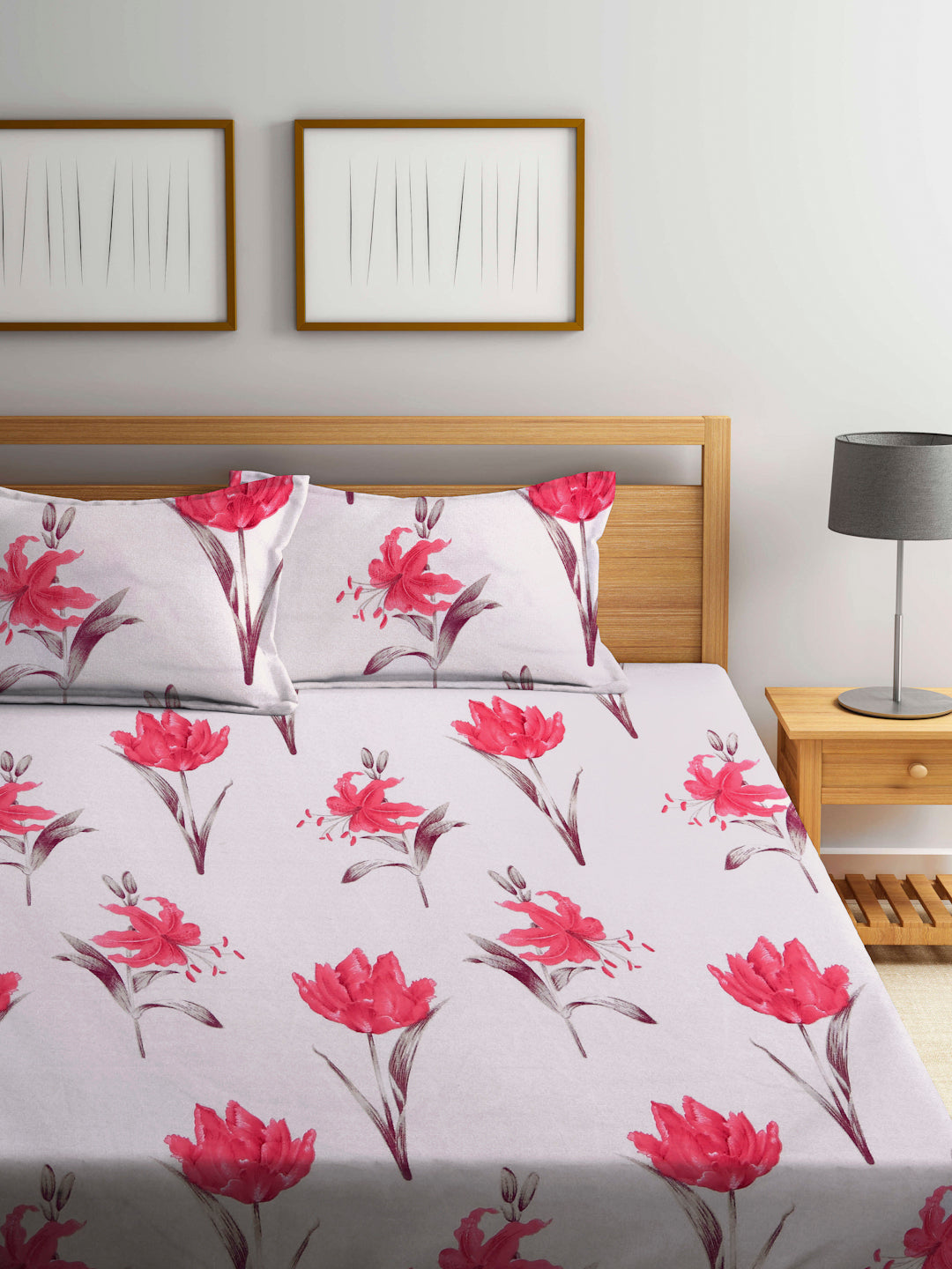 Arrabi Beige Floral TC Cotton Blend King Size Bookfold Bedsheet with 2 Pillow Covers (250 X 220 cm)