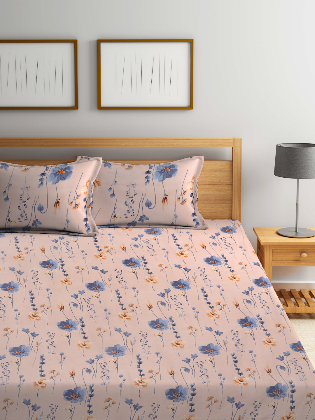 Arrabi Peach Floral TC Cotton Blend Super King Size Fitted Bedsheet with 2 Pillow Covers (270 X 260 Cm )