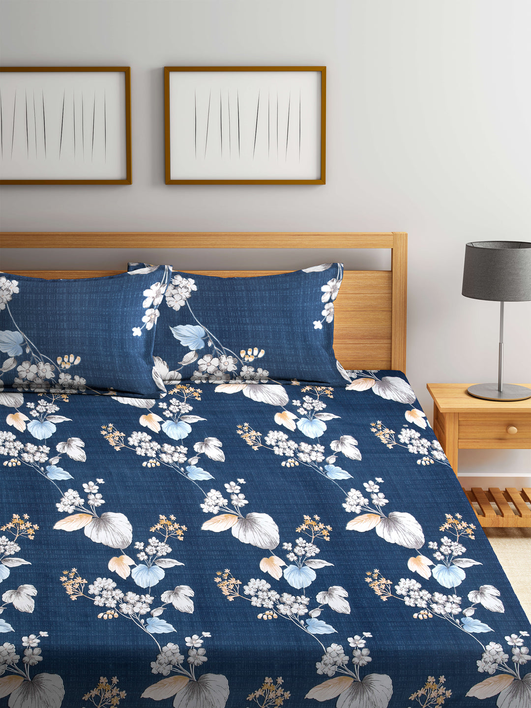 Arrabi Blue Floral TC Cotton Blend Super King Size Bookfold Bedsheet with 2 Pillow Covers (270 X 260 cm)