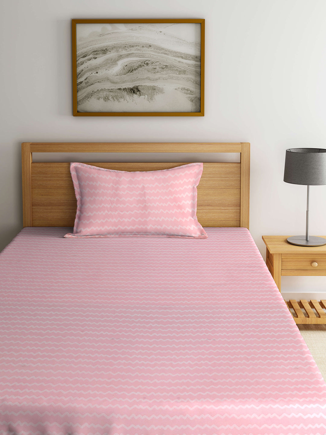 Arrabi Pink Stripes TC Cotton Blend Single Size Fitted Bedsheet with 1 Pillow Cover (215 X 150 cm)