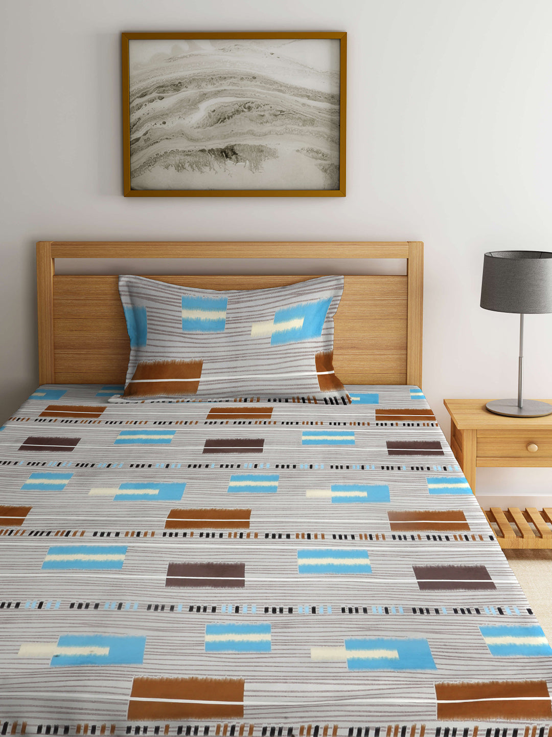 Arrabi Multi Geometric TC Cotton Blend Single Size Fitted Bedsheet with 1 Pillow Cover (215 x 150 cm)