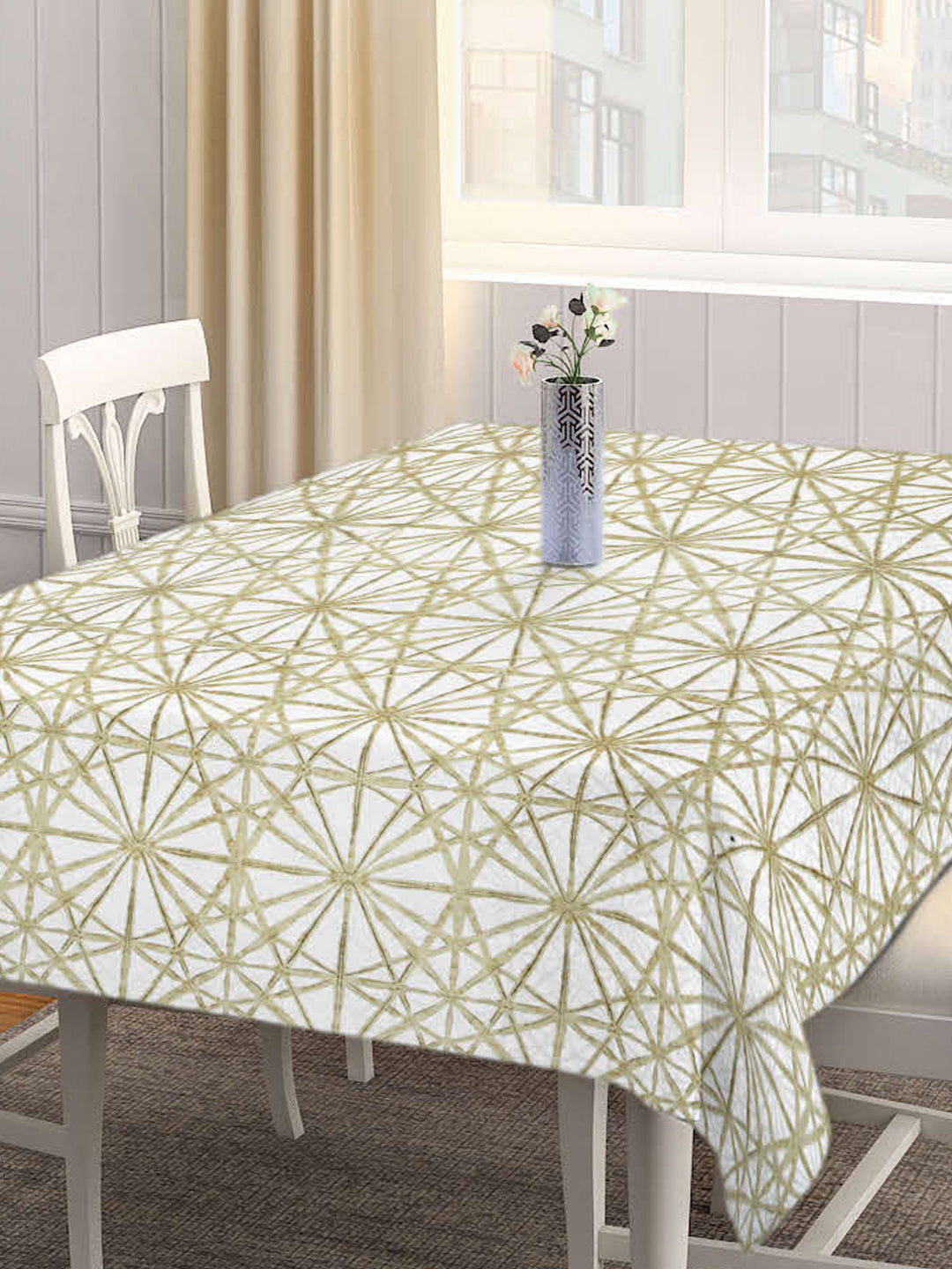 Arrabi Beige Geometric Cotton Blend 6 SEATER Table Cover (180 X 130 cm)