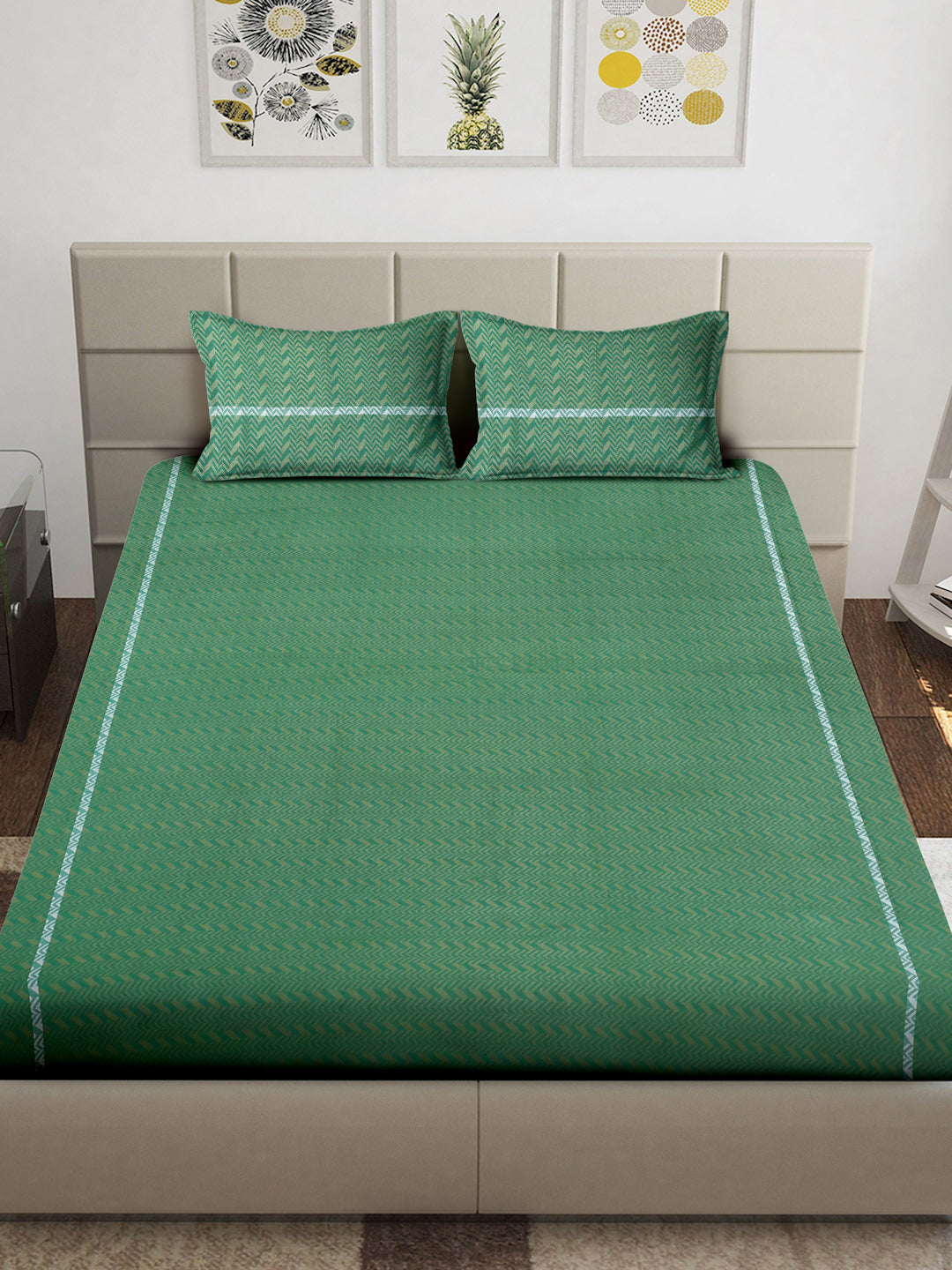 Arrabi Green Geometric 100% Handwoven Cotton King Size Bedsheet with 2 Pillow Covers (260 x 230 cm)