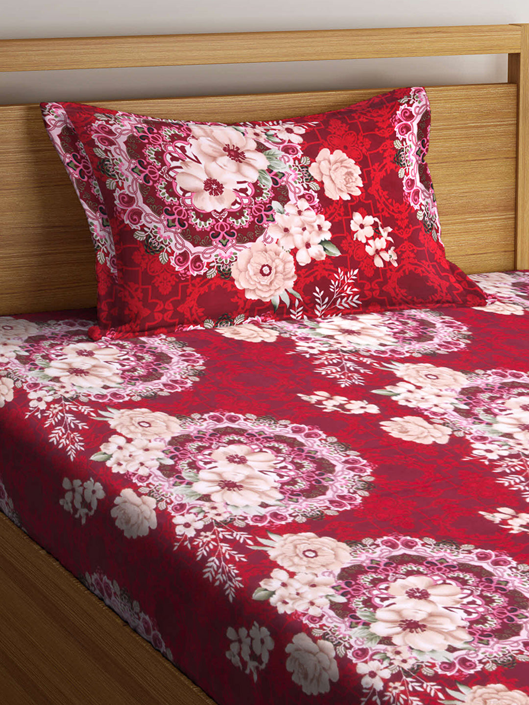 Arrabi Red Floral TC Cotton Blend Single Size Fitted Bedsheet with 1 Pillow Cover (220 X 150 cm)