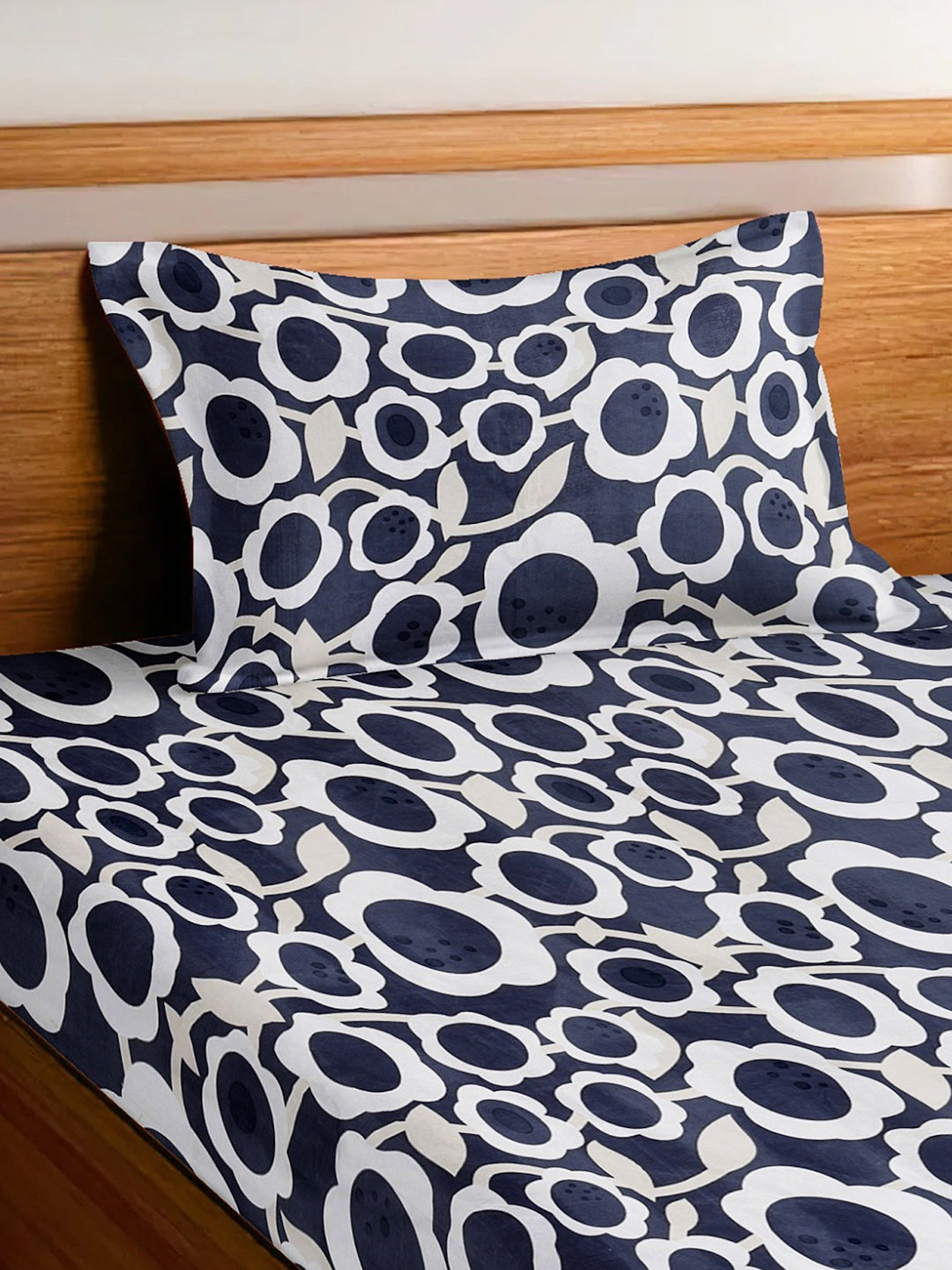 Arrabi Grey Floral TC Cotton Blend Single Size Fitted Bedsheet with 1 Pillow Cover (215 x 150 cm)