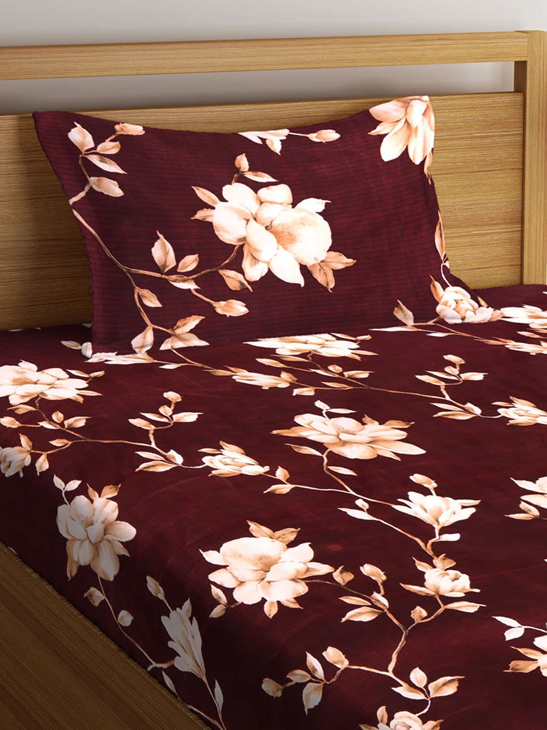 Arrabi Brown Floral TC Cotton Blend Single Size Fitted Bedsheet with 1 Pillow Cover (220 X 150 cm)