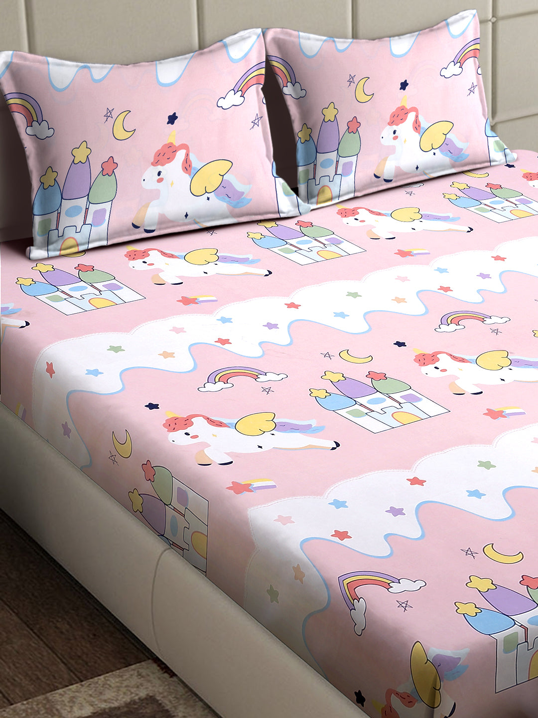 Arrabi Pink Cartoon TC Cotton Blend King Size Bedsheet with 2 Pillow Covers (250 x 215 cm)