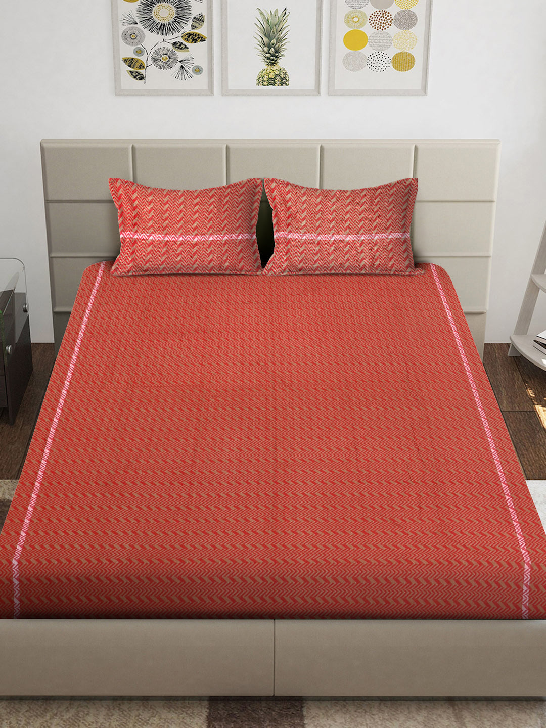 Arrabi Red Geometric 100% Handwoven Cotton King Size Bedsheet with 2 Pillow Covers (260 x 230 cm)