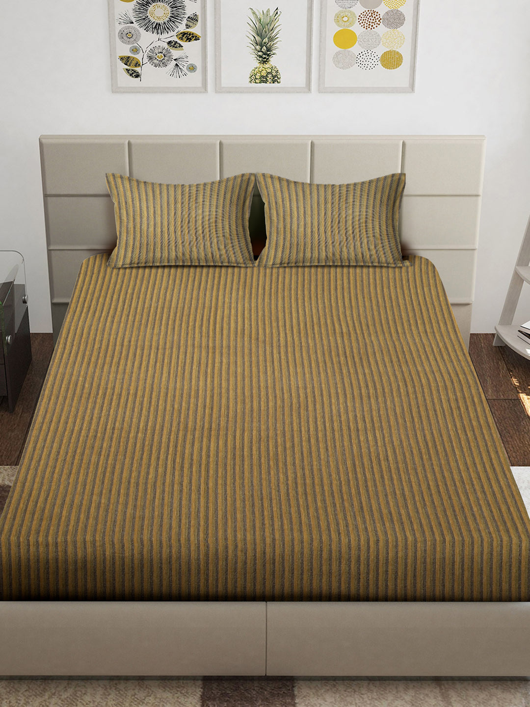 Arrabi Multi Stripes 100% Handwoven Cotton King Size Bedsheet with 2 Pillow Covers (260 x 230 cm)