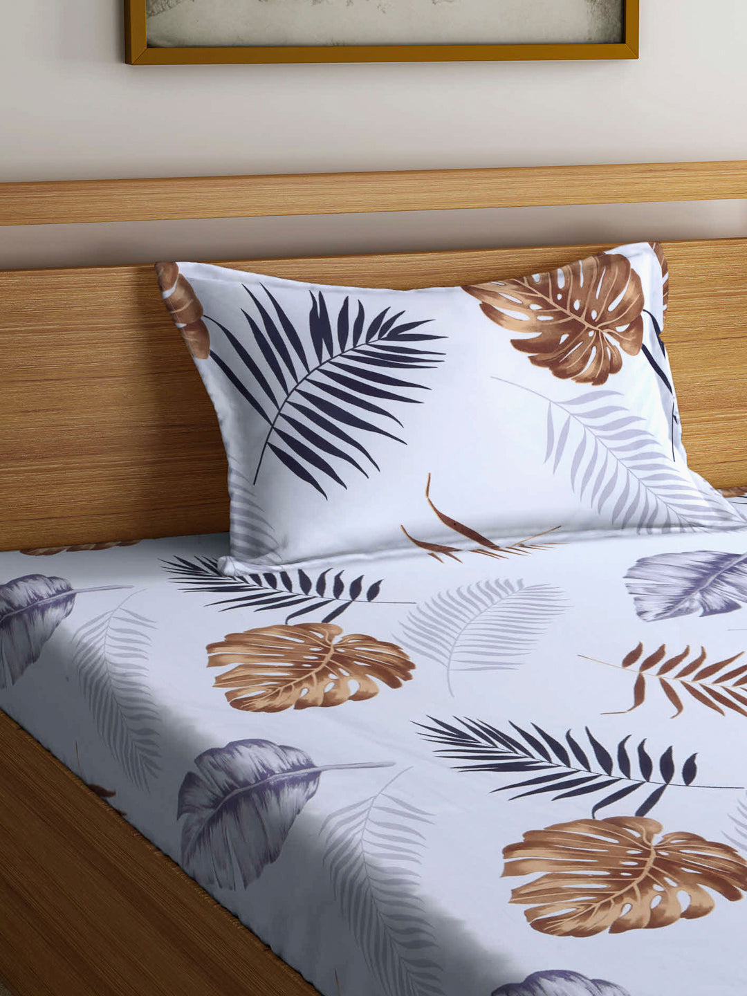 Arrabi White Leaf TC Cotton Blend Single Size Fitted Bedsheet with 1 Pillow Cover (220 X 150 cm)