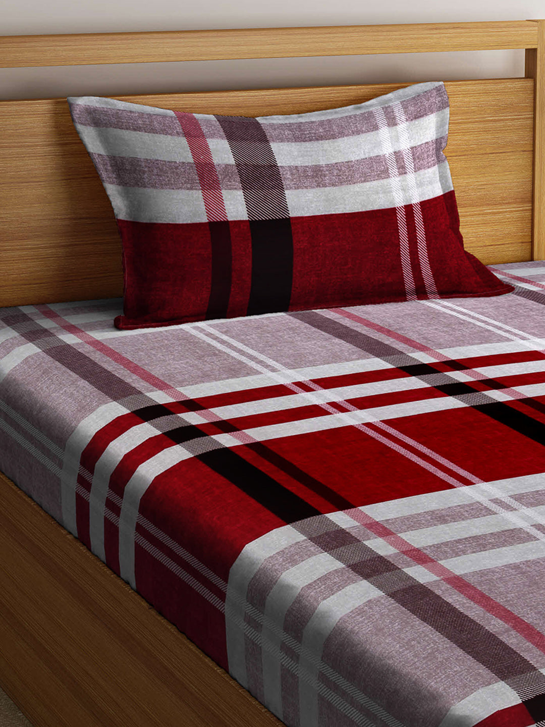 Arrabi Multi Checks TC Cotton Blend Single Size Fitted Bedsheet with 1 Pillow Cover (220 X 150 cm)