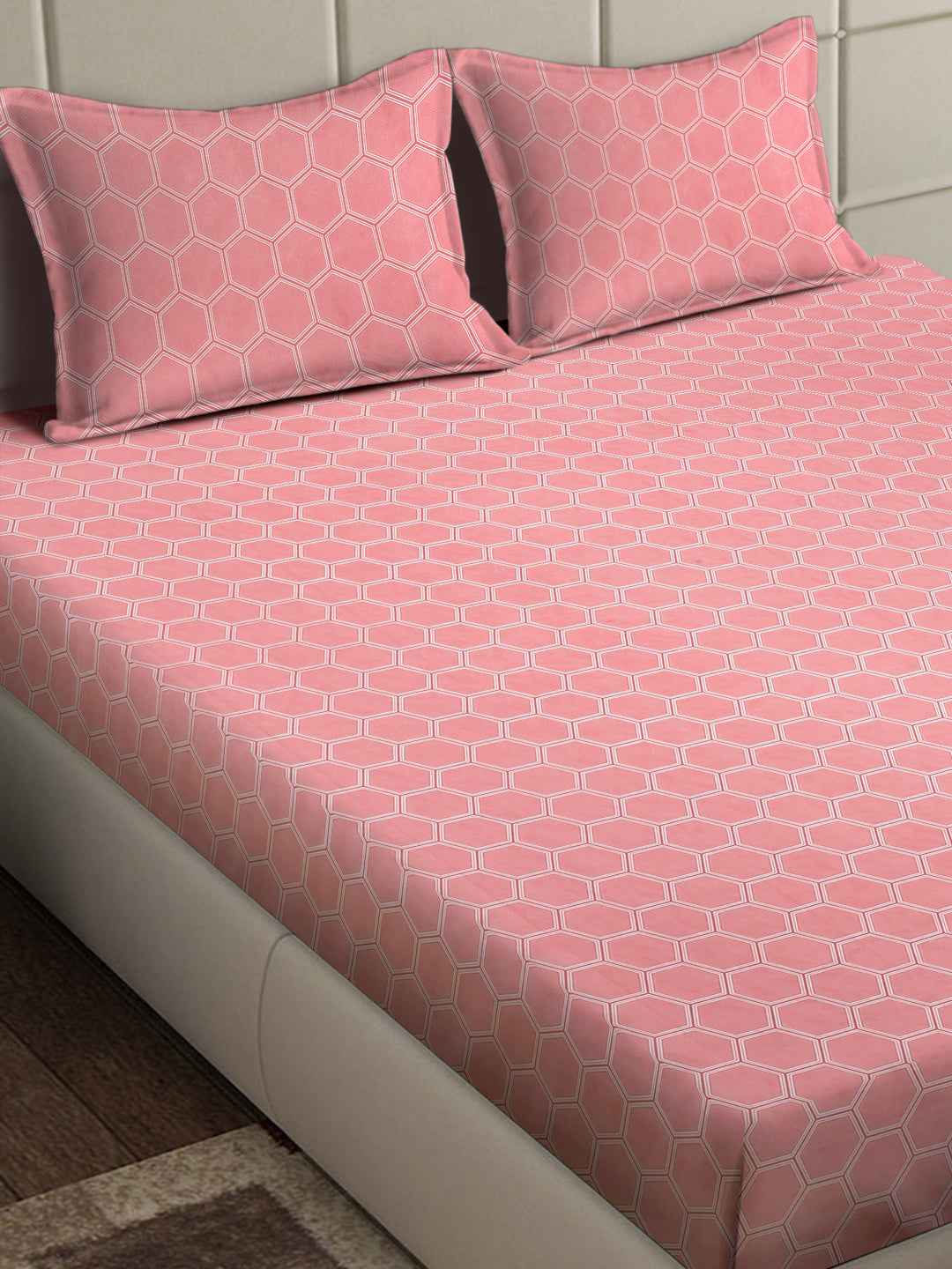 Arrabi Pink Geometric TC Cotton Blend King Size Bedsheet with 2 Pillow Covers (250 x 215 cm)