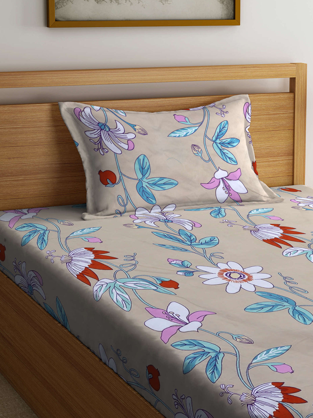 Arrabi Brown Floral TC Cotton Blend Single Size Fitted Bedsheet with 1 Pillow Cover (215 X 150 cm)