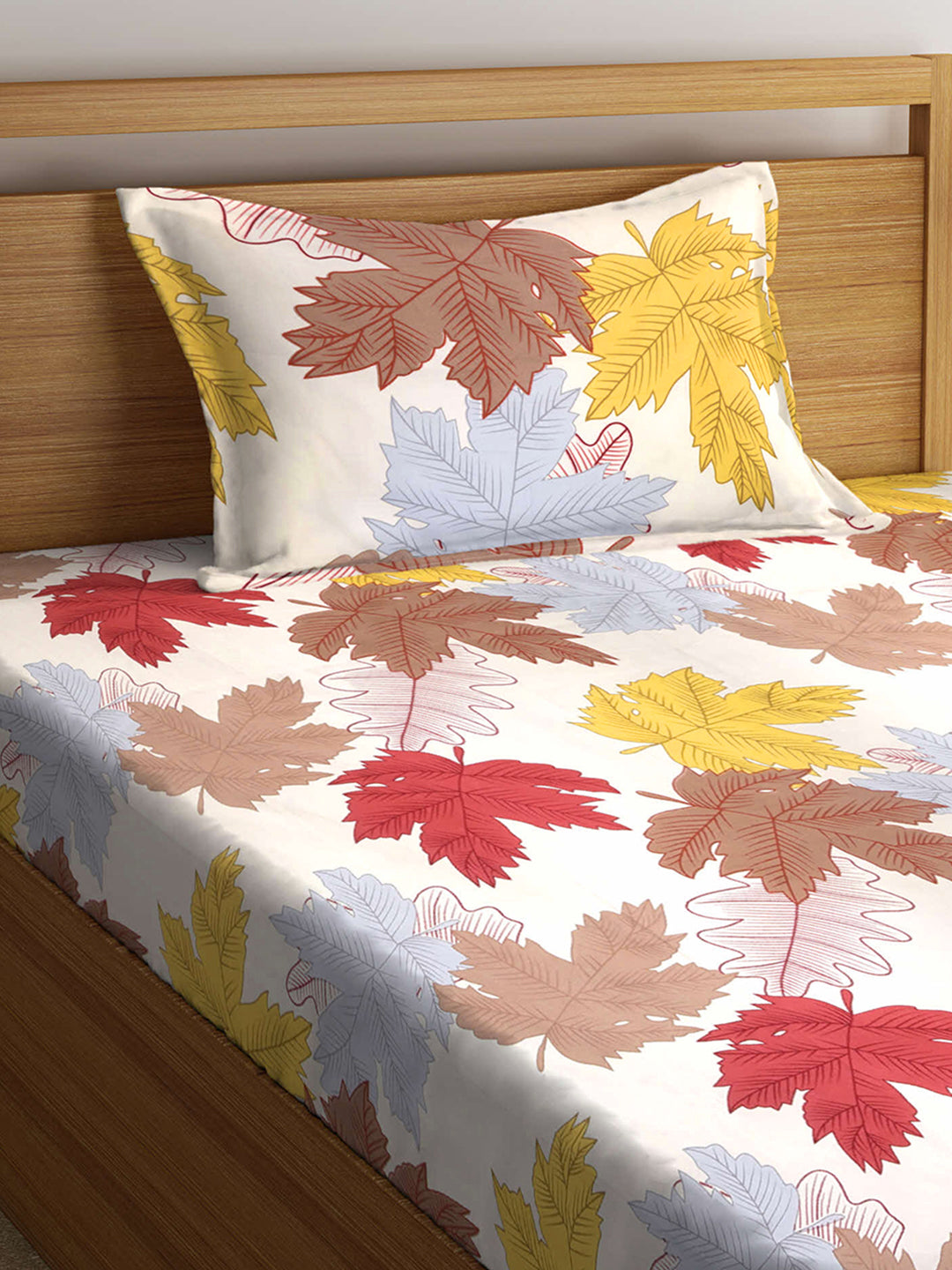 Arrabi Multi Leaf TC Cotton Blend Single Size Bedsheet with 1 Pillow Cover (215 x 150 cm)