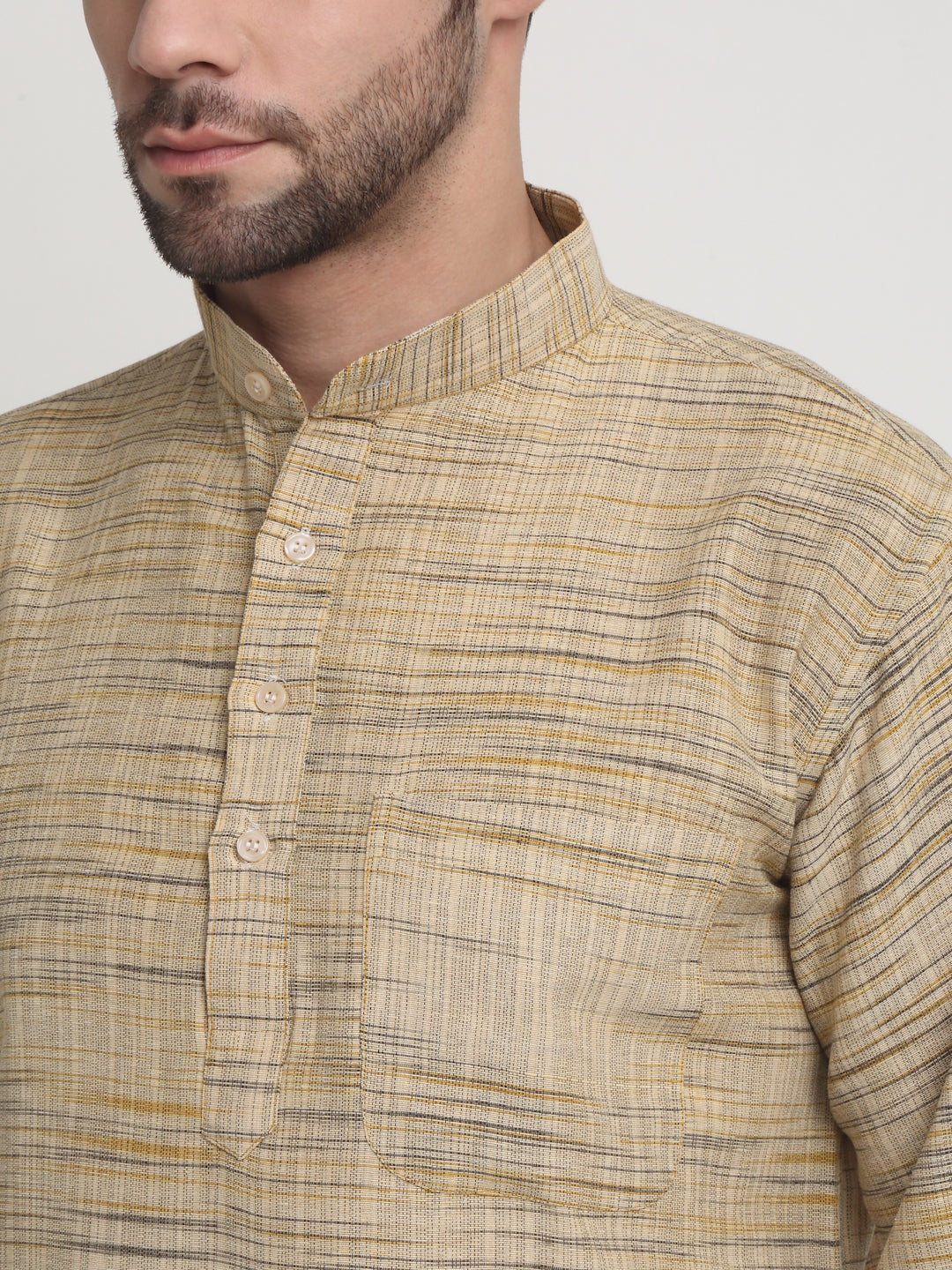 Arrabi Men Cream Pure Cotton Solid Kurta Pyjama Set with Pockets
