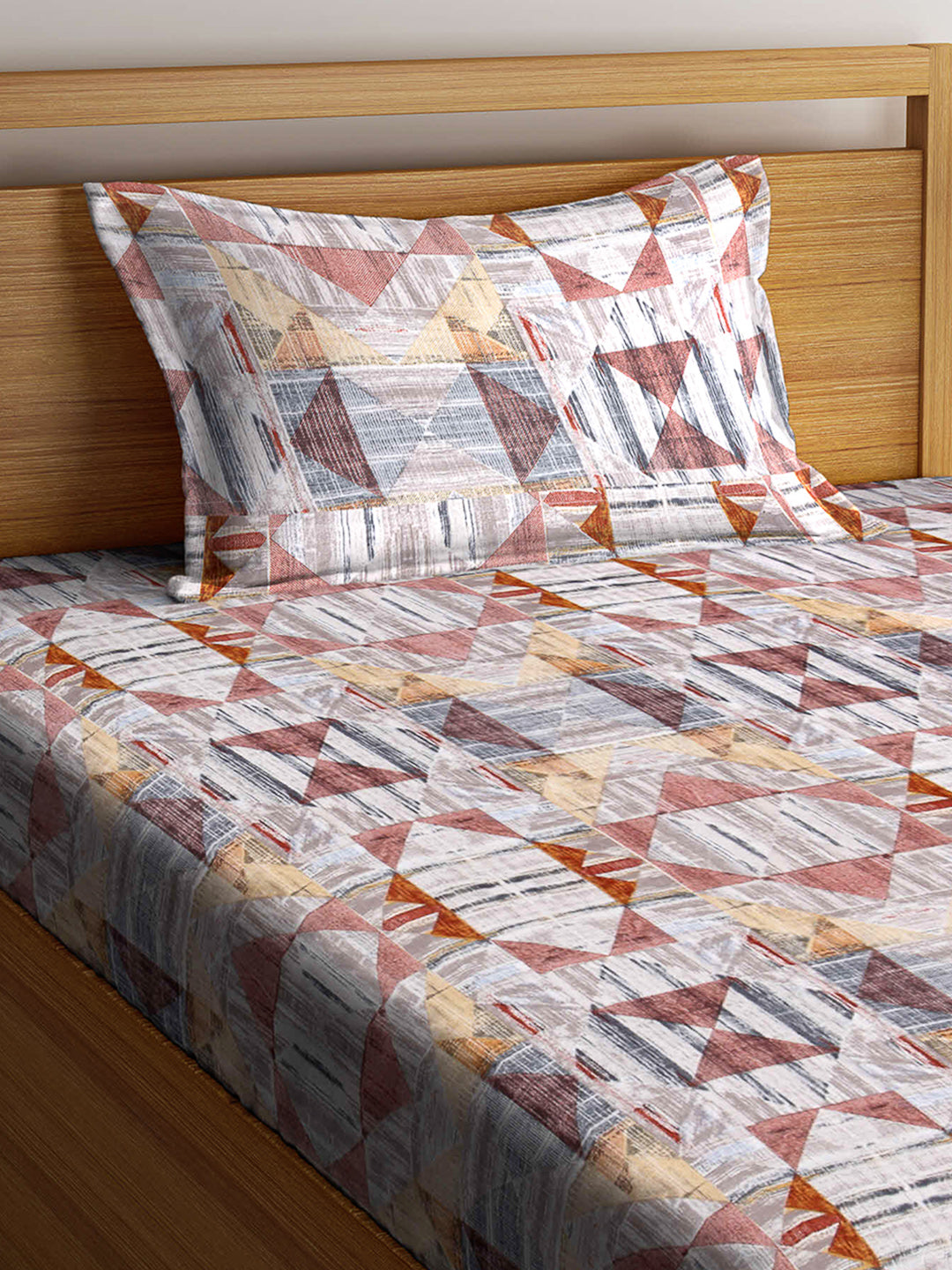 Arrabi Multi Geometric TC Cotton Blend Single Size Fitted Bedsheet with 1 Pillow Cover (220 X 150 cm)