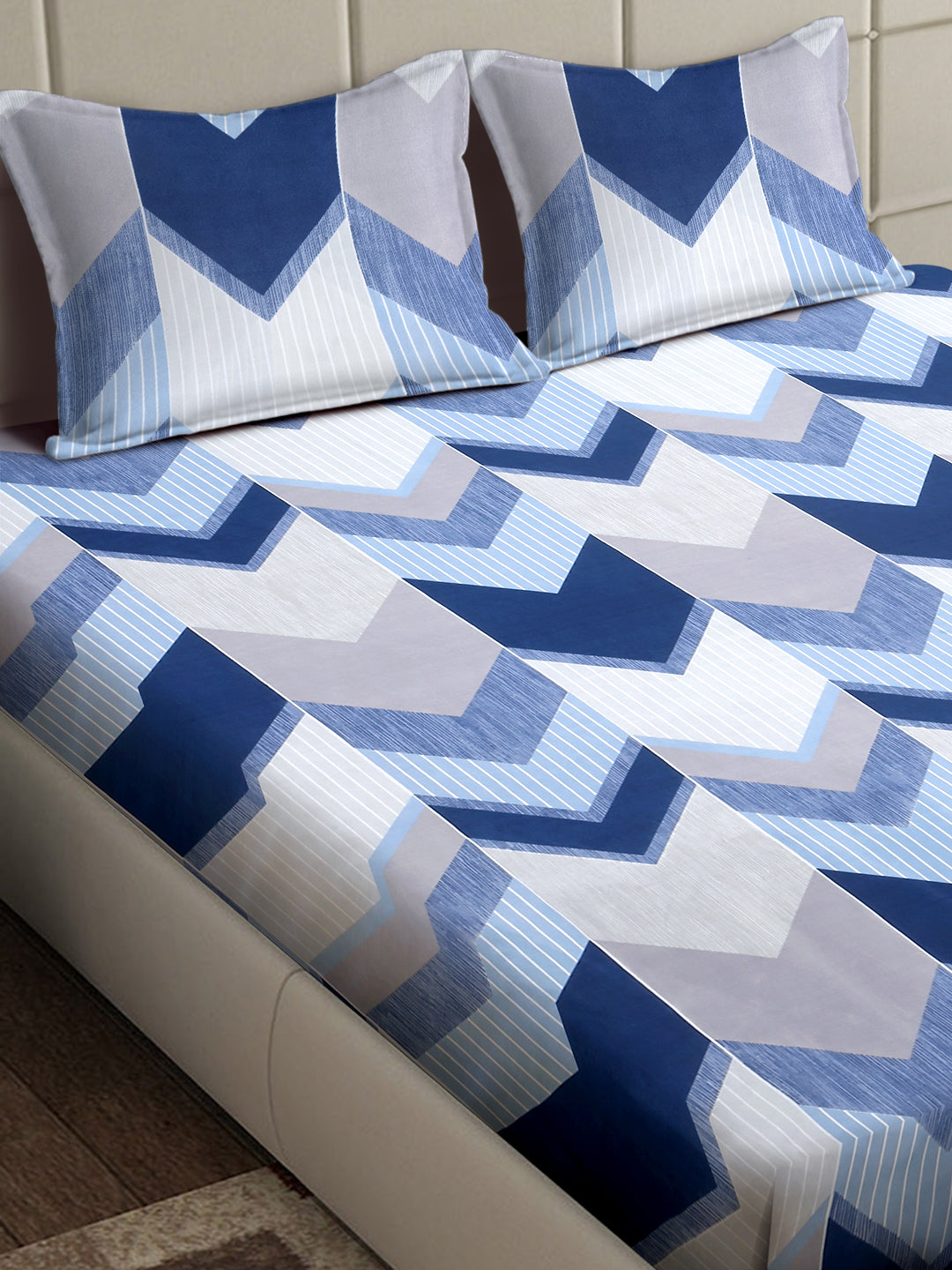 Arrabi Blue Geometric TC Cotton Blend King Size Bedsheet with 2 Pillow Covers (250 x 215 cm)