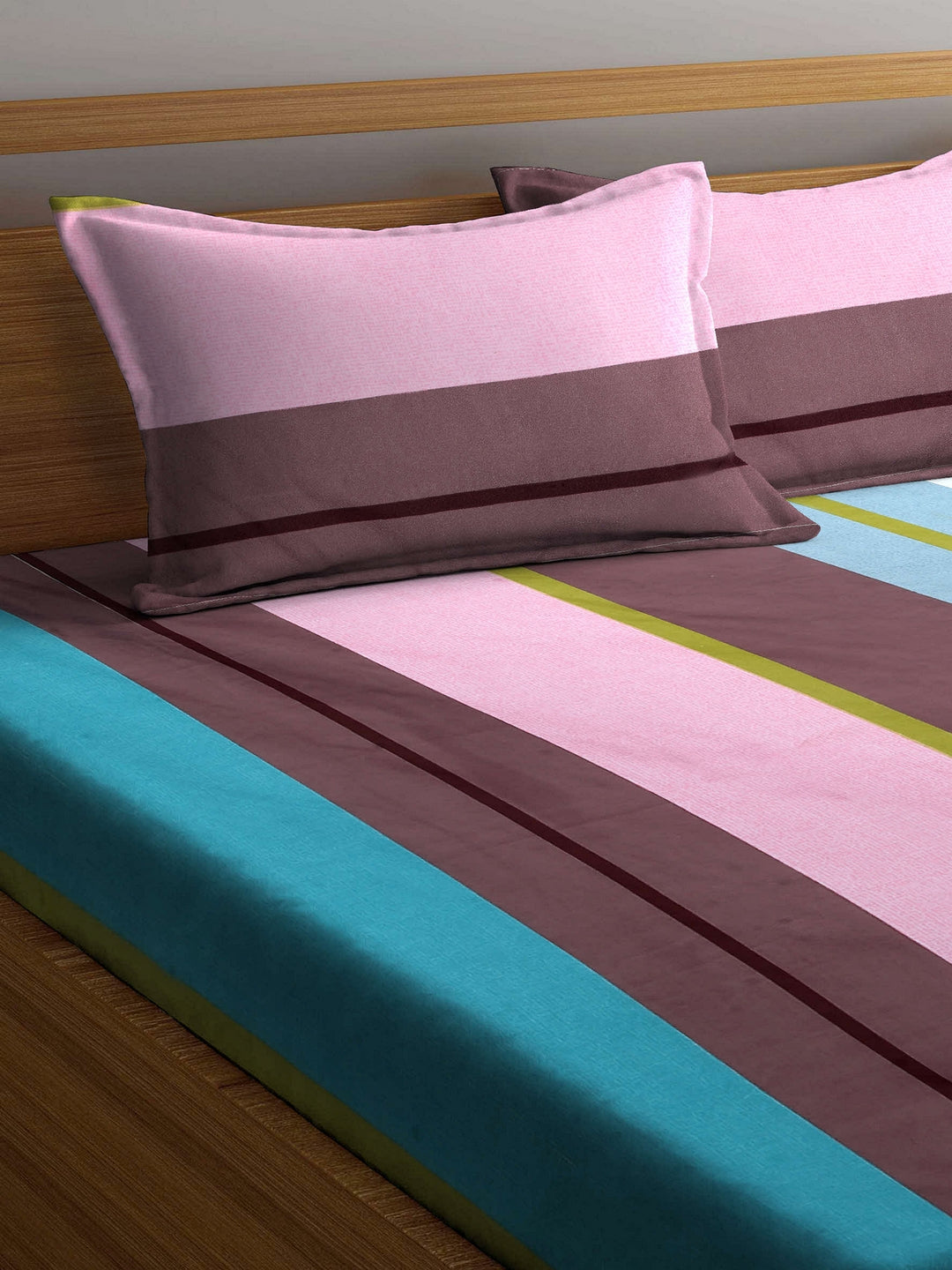 Arrabi Multi Stripes TC Cotton Blend King Size Bookfold Bedsheet with 2 Pillow Covers (250 X 215 cm)