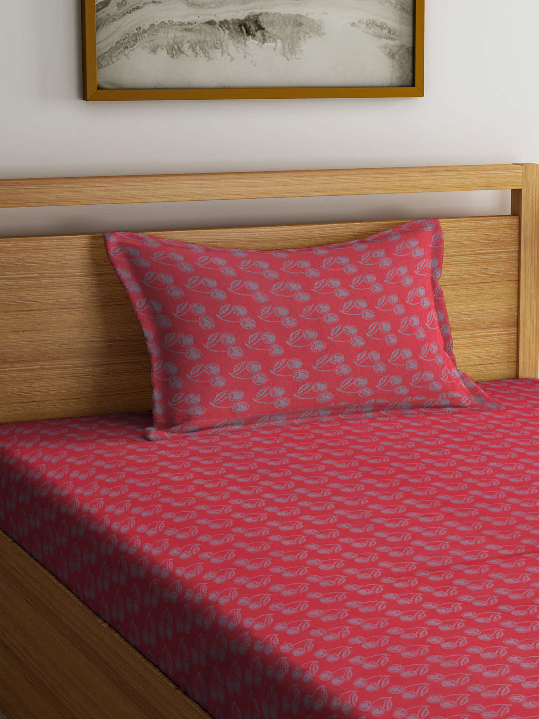 Arrabi Red Leaf Handwoven Cotton Single Size Bedsheet with 1 Pillow Cover (215 x 150 cm)