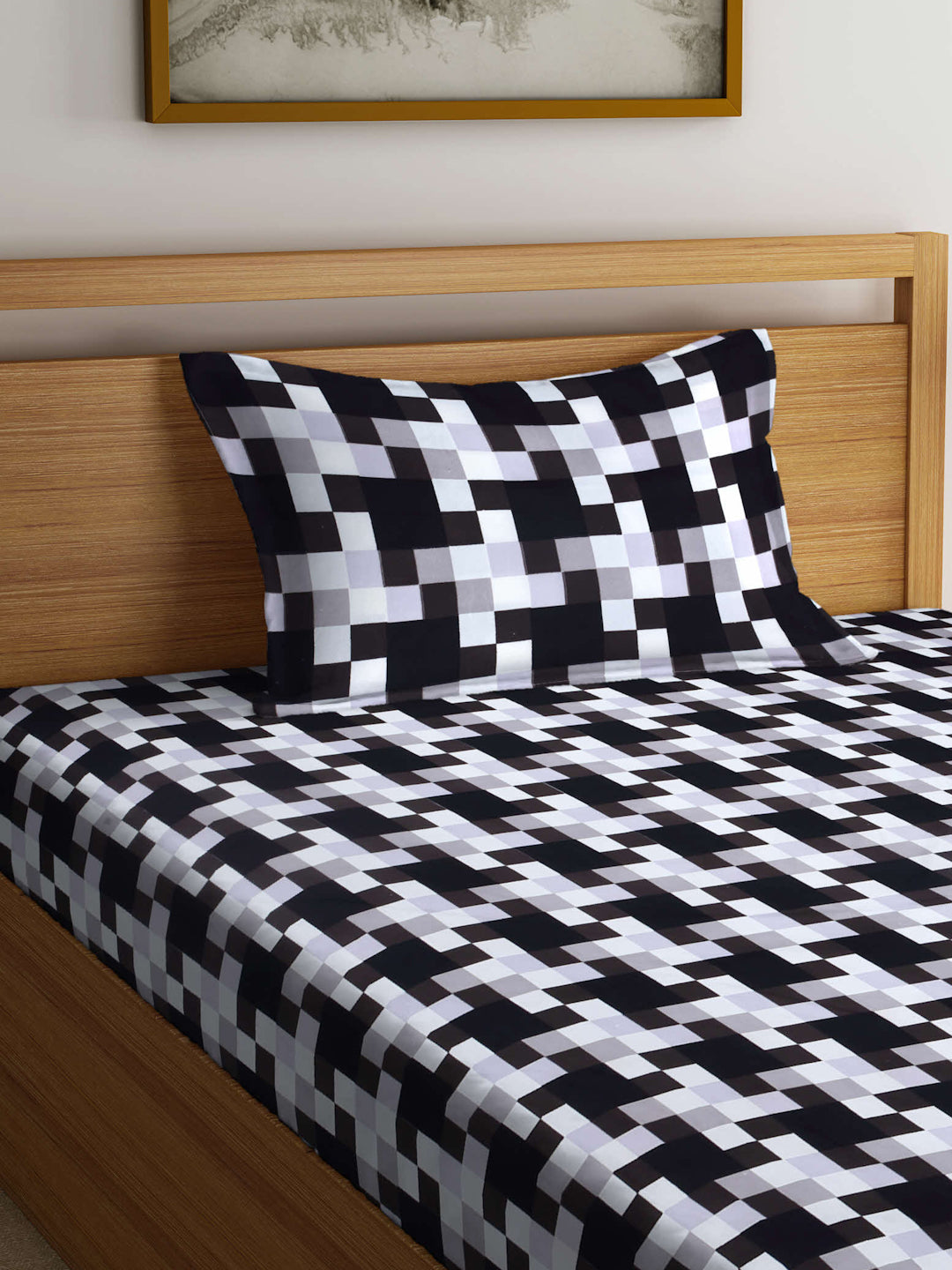 Arrabi Black Checks TC Cotton Blend Single Size Bedsheet with 1 Pillow Cover (215 X 150 cm)