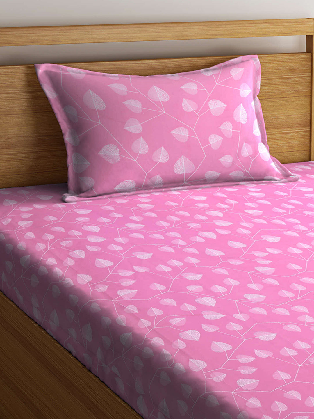 Arrabi Pink Leaf TC Cotton Blend Single Size Fitted Bedsheet with 1 Pillow Cover (220 X 150 cm)