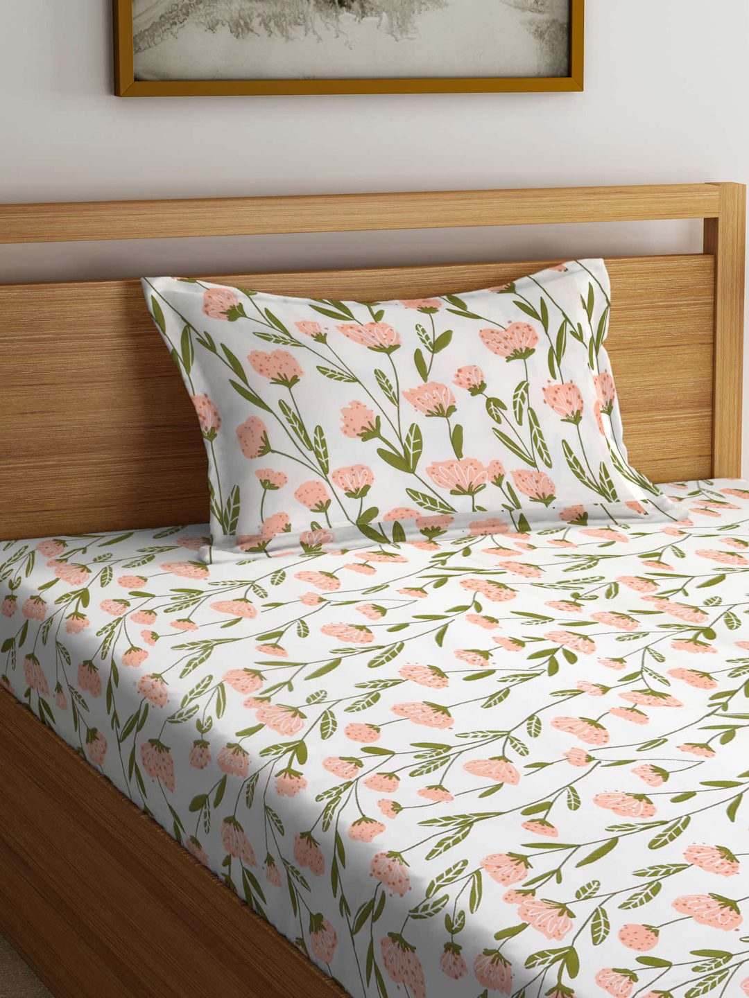 Arrabi Cream Floral TC Cotton Blend Single Size Fitted Bedsheet with 1 Pillow Cover (215 X 150 cm)