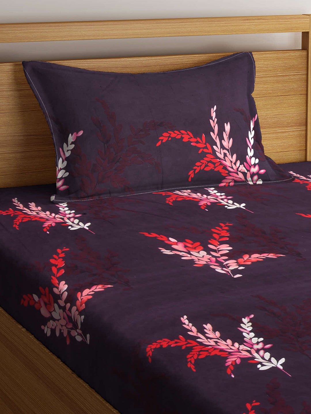 Arrabi Brown Floral TC Cotton Blend Single Size Fitted Bedsheet with 1 Pillow Cover (220 X 150 cm)