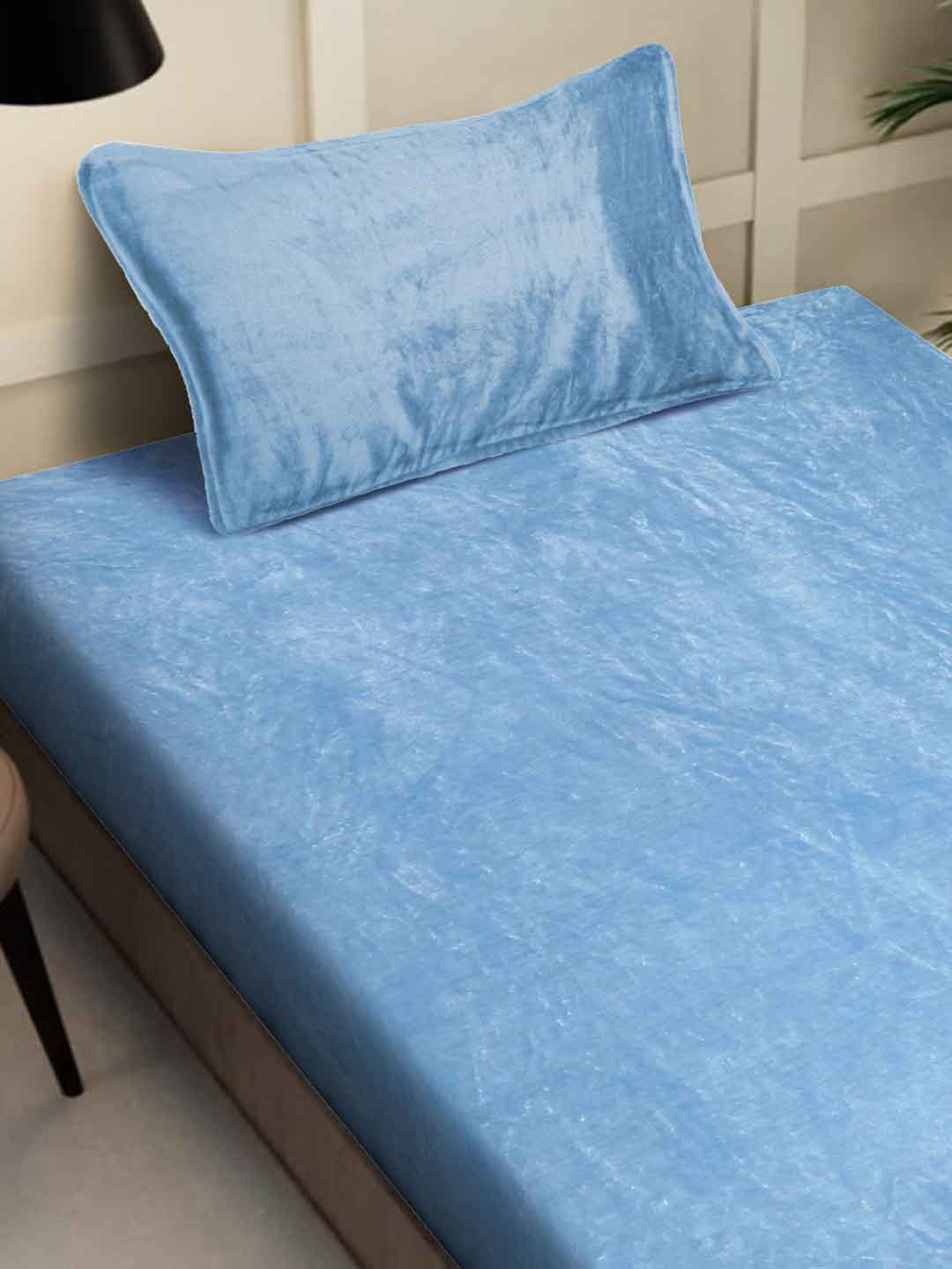 Arrabi Sky Blue Solid Single Size Warm Woolen Fitted Bedsheet with 1 Pillow Cover