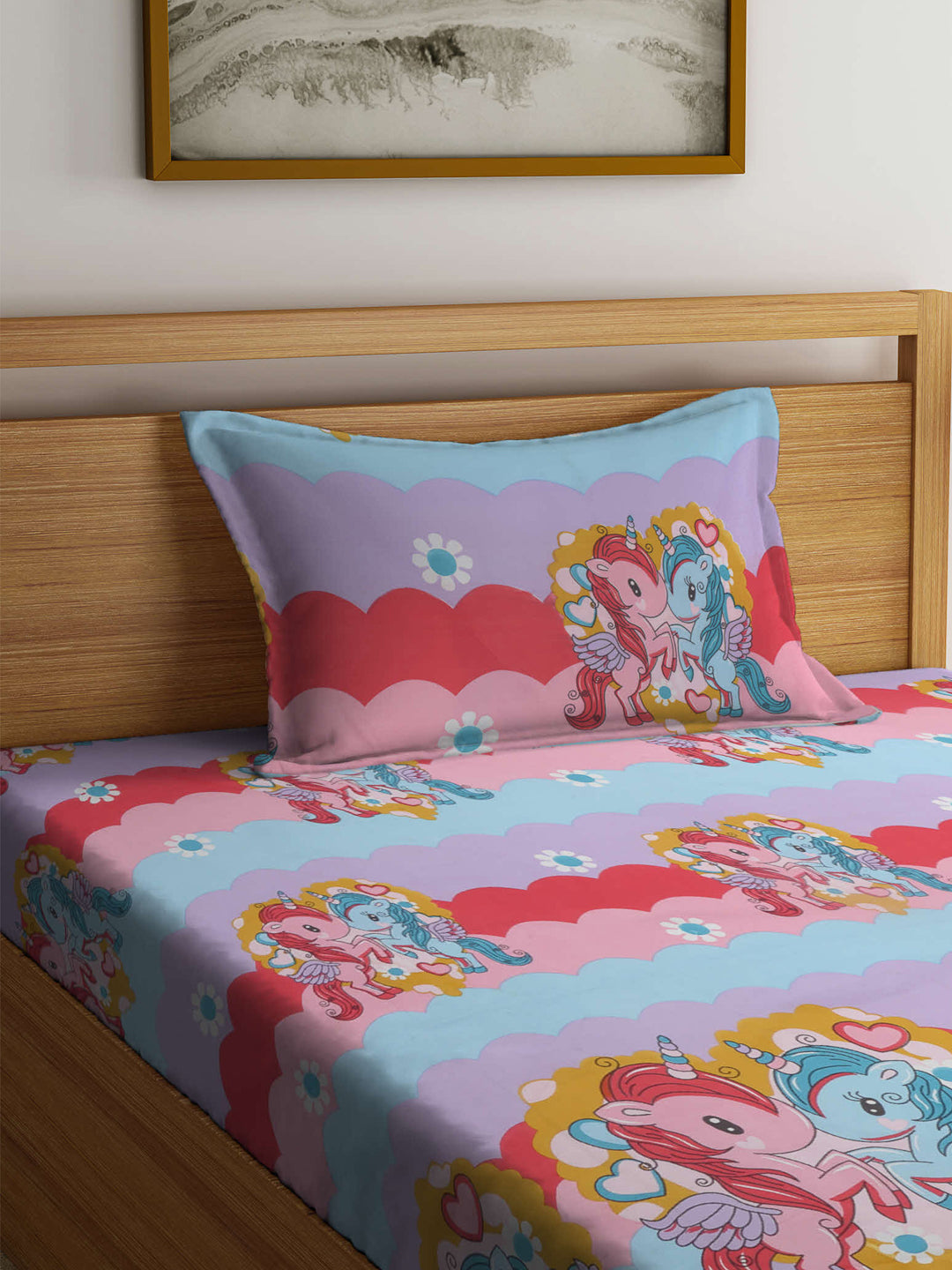 Arrabi Multi Cartoon TC Cotton Blend Single Size Bedsheet with 1 Pillow Cover (215 x 150 cm)