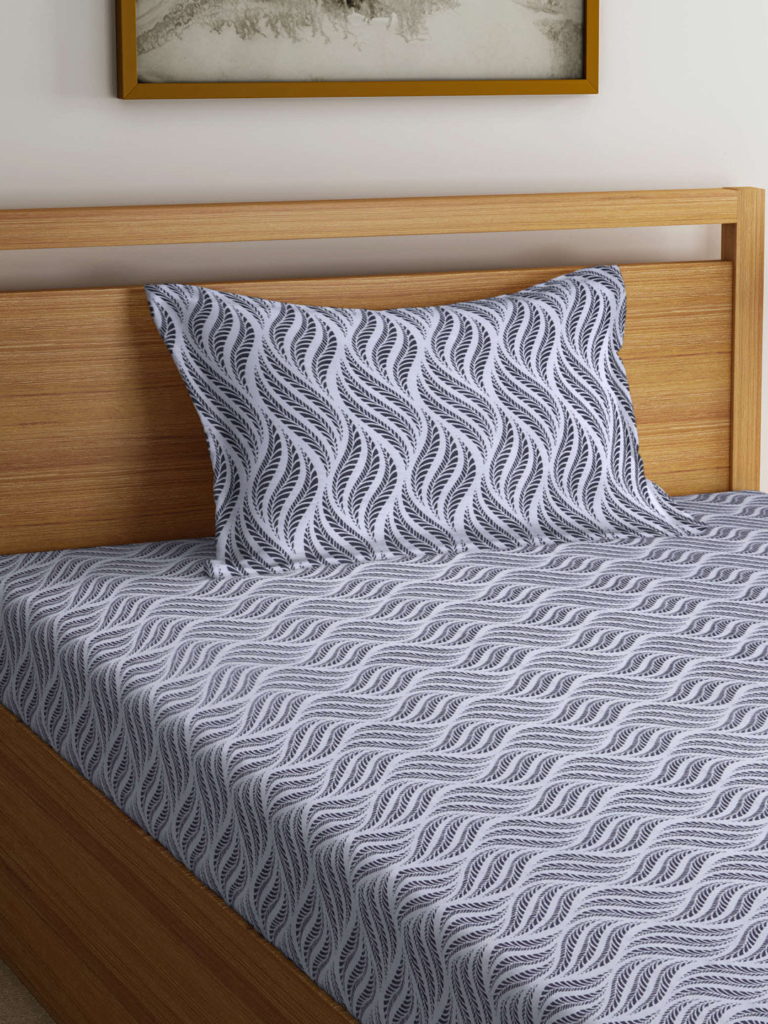 Arrabi Grey Geometric TC Cotton Blend Single Size Fitted Bedsheet with 1 Pillow Cover (215 X 150 cm)