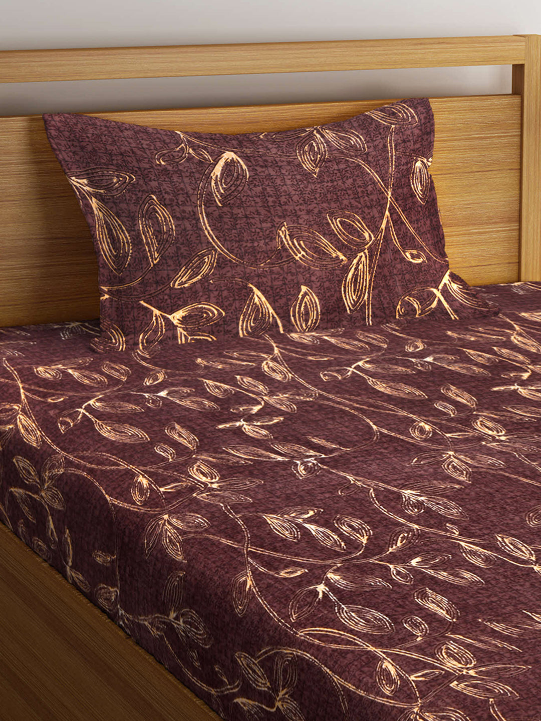 Arrabi Brown Leaf TC Cotton Blend Single Size Fitted Bedsheet with 1 Pillow Cover (220 X 150 cm)