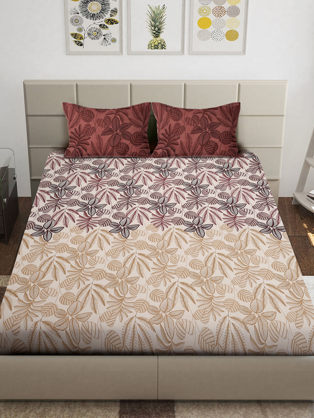 Arrabi Cream Floral TC Cotton Blend Super King Size Bedsheet with 2 Pillow Covers (270 x 260 cm)