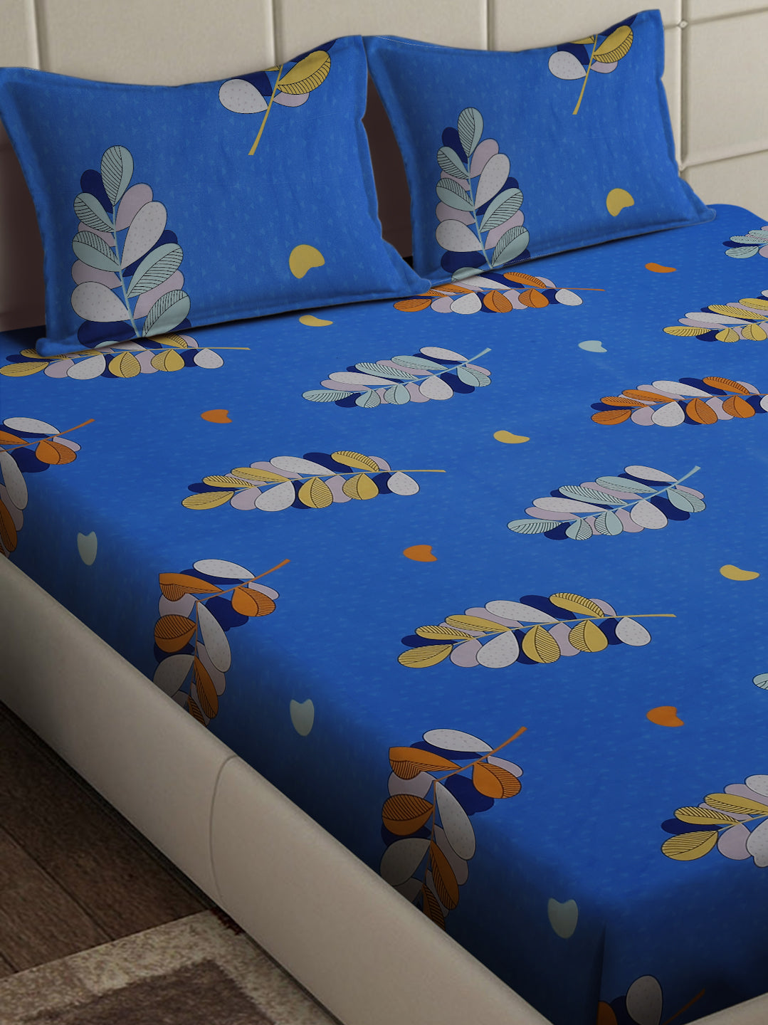 Arrabi Blue Leaf TC Cotton Blend King Size Bedsheet with 2 Pillow Covers (250 x 215 cm)