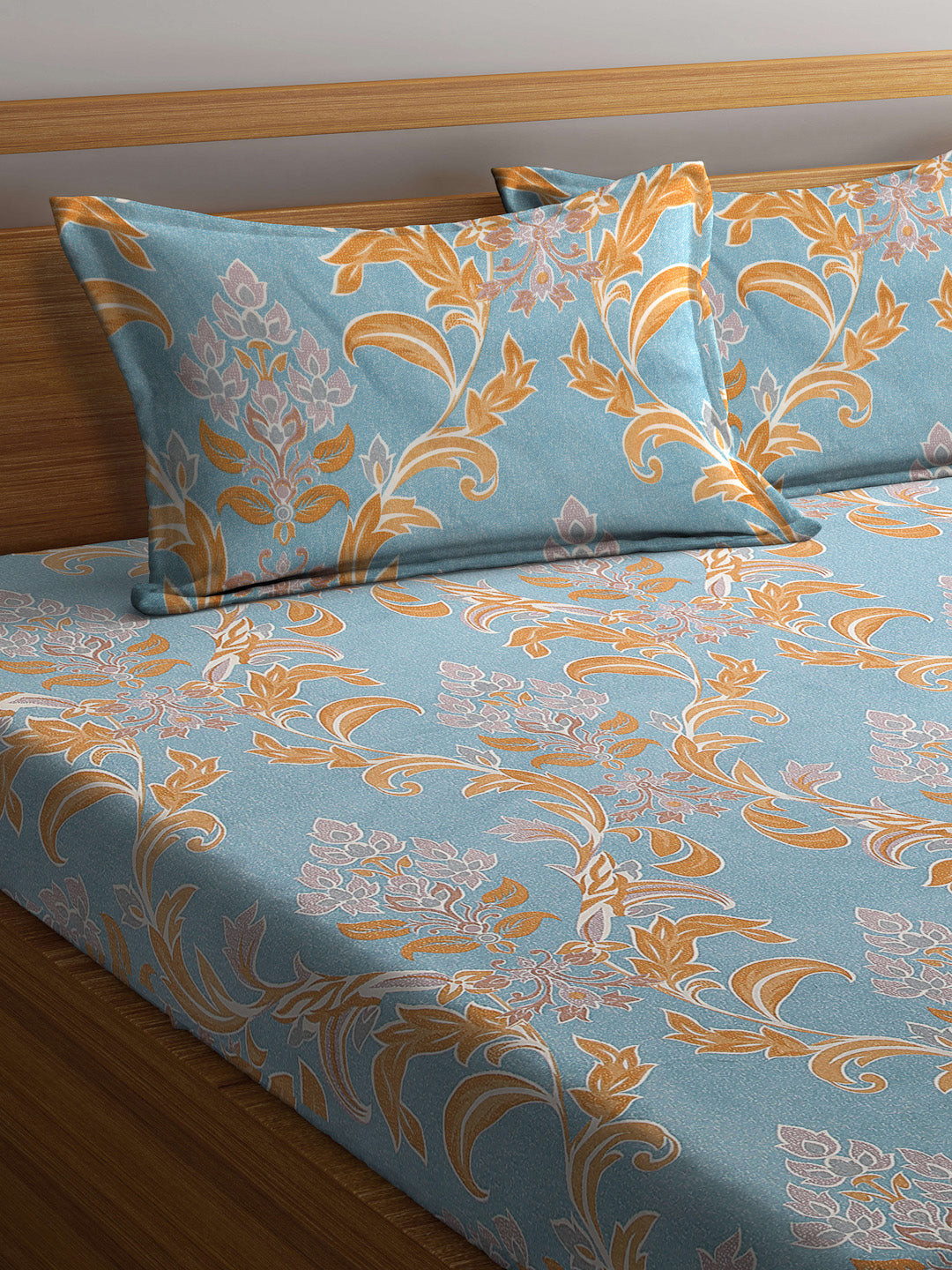 Arrabi Blue Indian TC Cotton Blend Super King Size Bookfold Bedsheet with 2 Pillow Covers (270 X 260 cm)