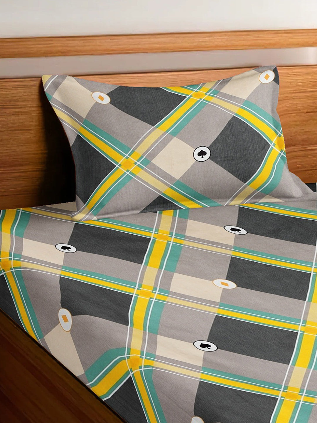 Arrabi Multi Geometric TC Cotton Blend Single Size Fitted Bedsheet with 1 Pillow Cover (215 x 150 cm)