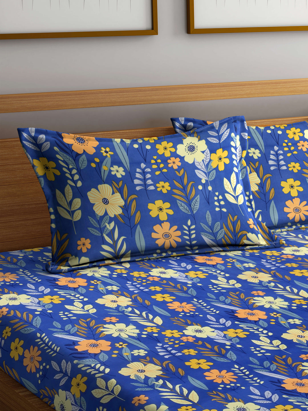Arrabi Blue Floral TC Cotton Blend Super King Size Fitted Bedsheet with 2 Pillow Covers (270 X 260 Cm)