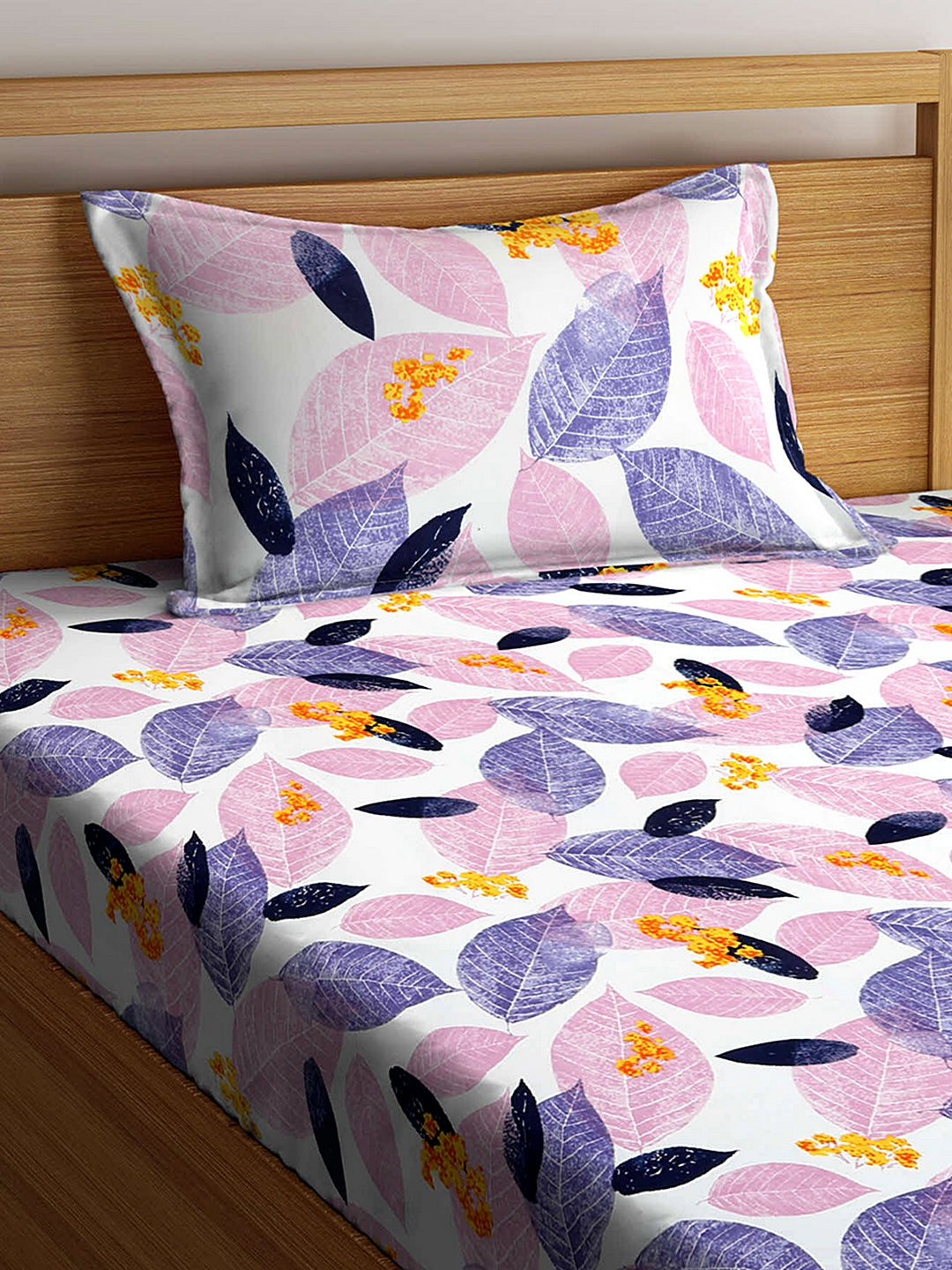 Arrabi Multi Leaf TC Cotton Blend Single Size Fitted Bedsheet with 1 Pillow Cover (220 X 150 cm)