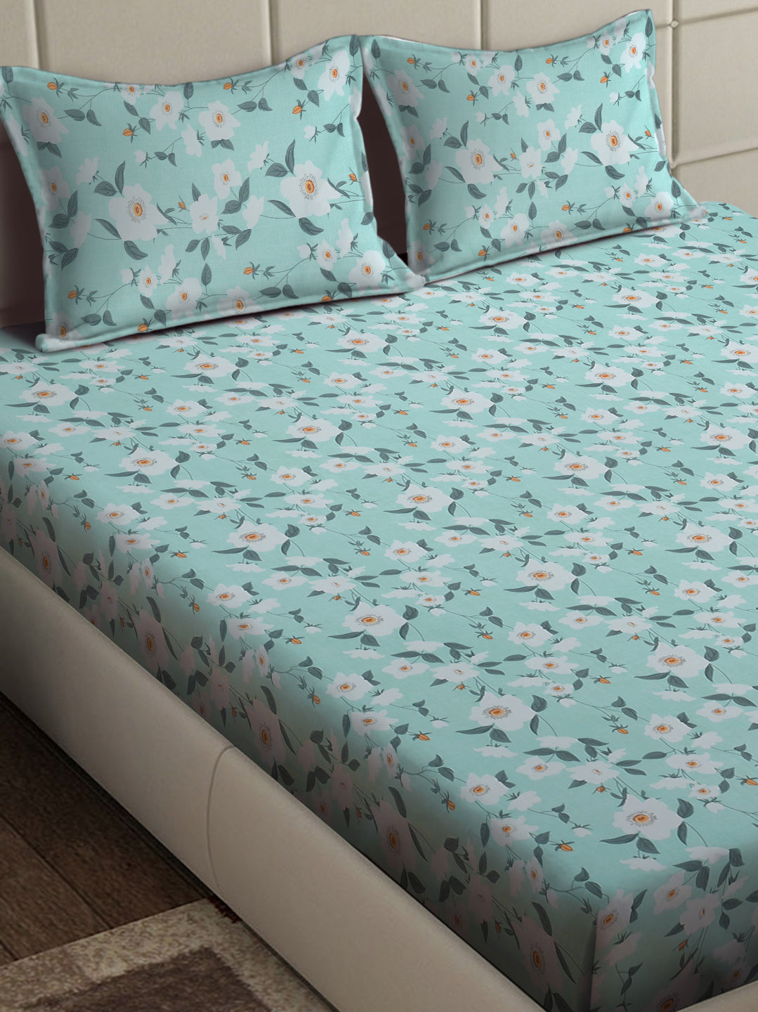 Arrabi Green Floral TC Cotton Blend King Size Bedsheet with 2 Pillow Covers (250 x 215 cm)